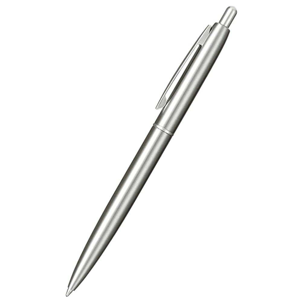 A silver recycled stainless steel ballpoint pen with a sleek design and a clip for attachment. Recycled Stainless Steel Ballpoint Pen - Image 1