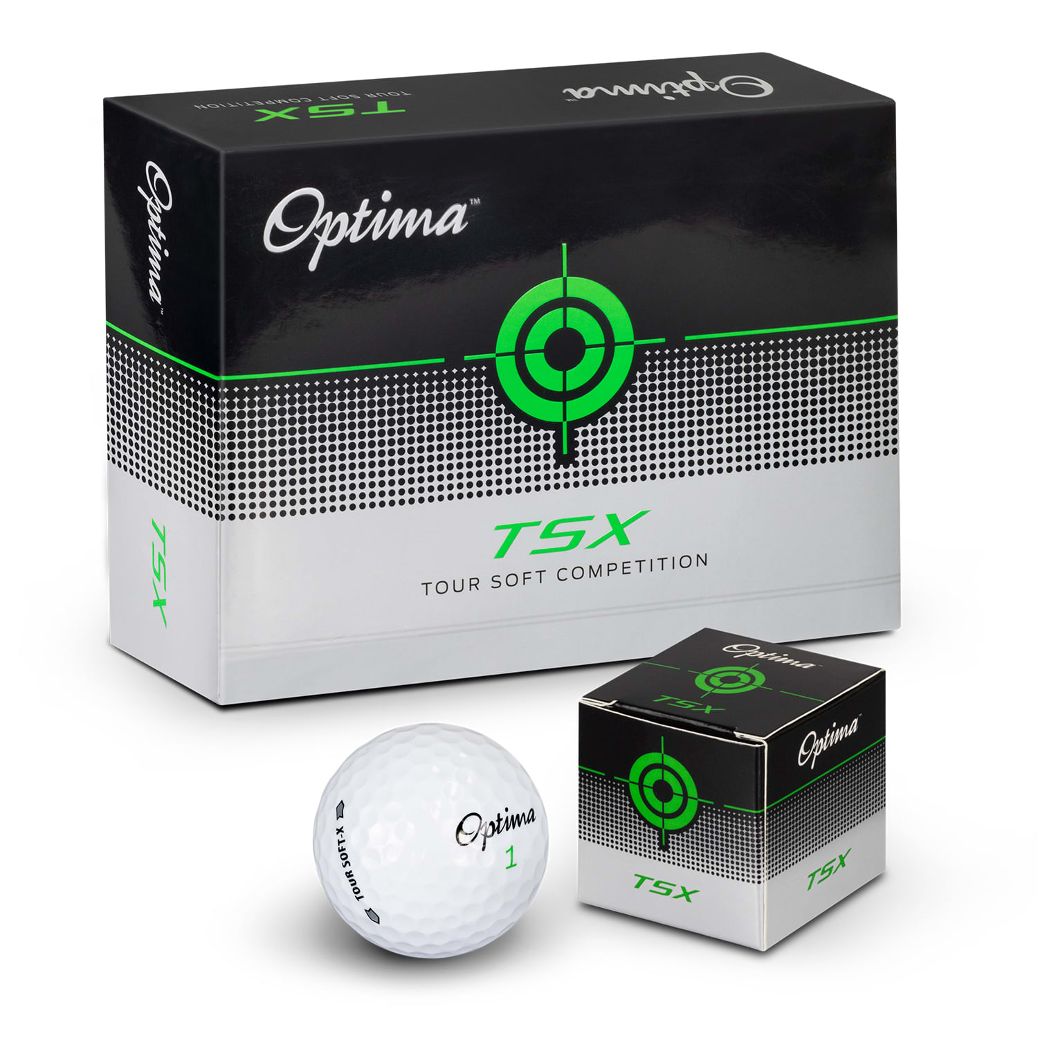 A white golf ball with dimples beside a black and green box featuring a logo and target design. PGF Optima Golf Ball - Image 1
