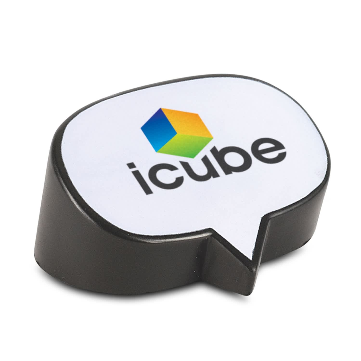 A stress relief product shaped like a speech bubble featuring the logo "icube." It's designed for fun and relaxation. Stress Speech Bubble - Image 1