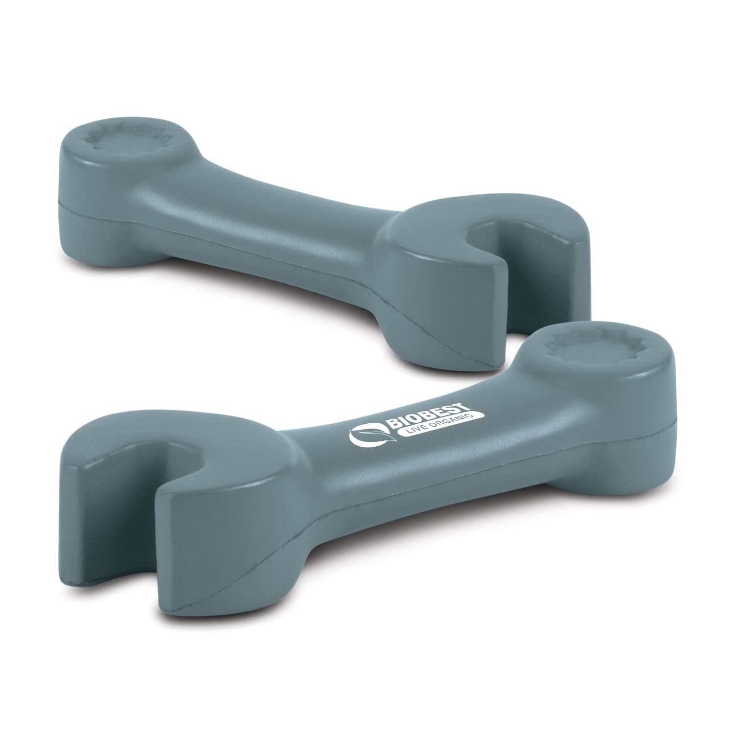 A pair of grey stress spanners with a logo, designed for stress relief and shaped like tools. Stress Spanner - Image 1