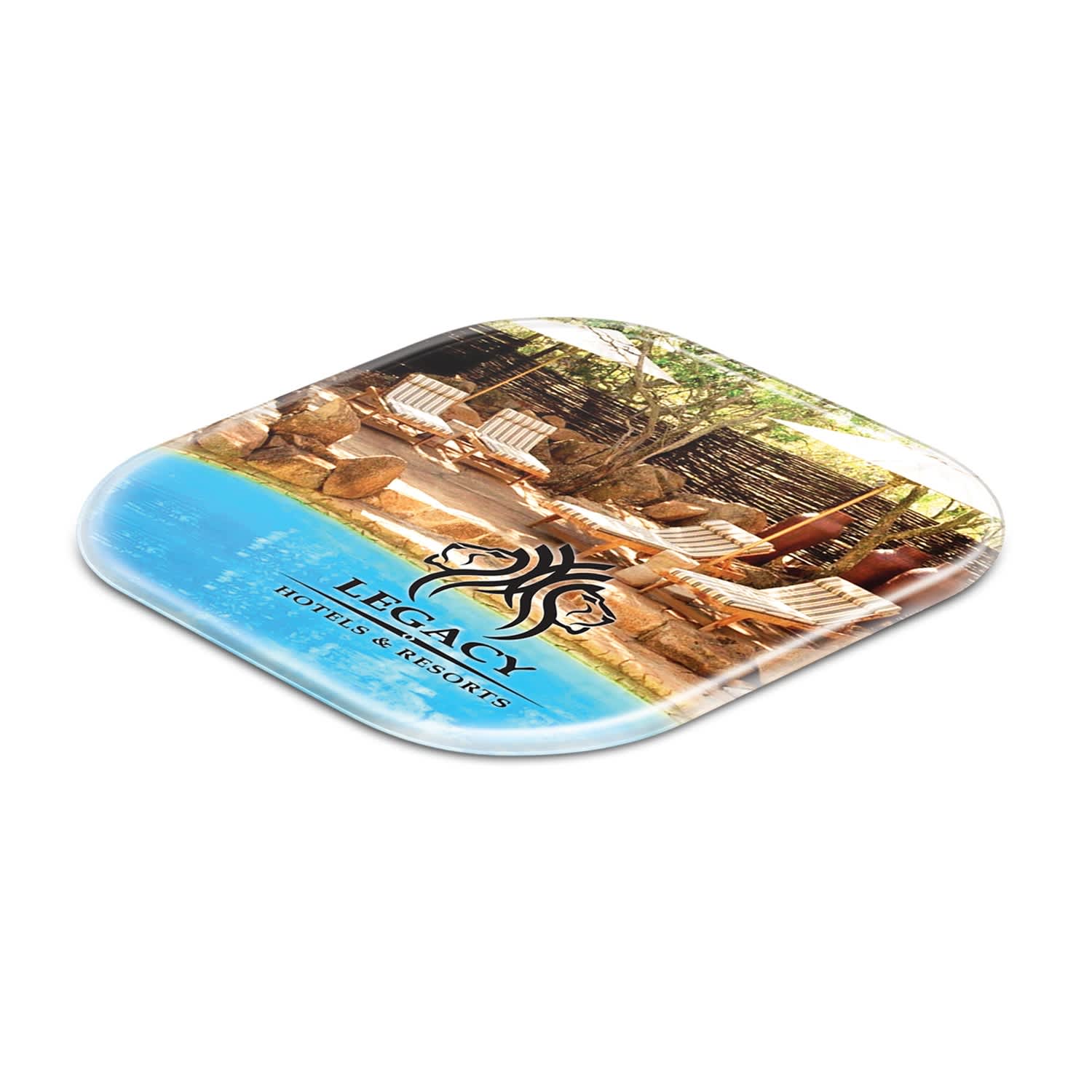 A square coaster featuring a scenic image of a resort with lounge chairs, in vibrant blue and natural tones. Clarion Coaster - Image 1