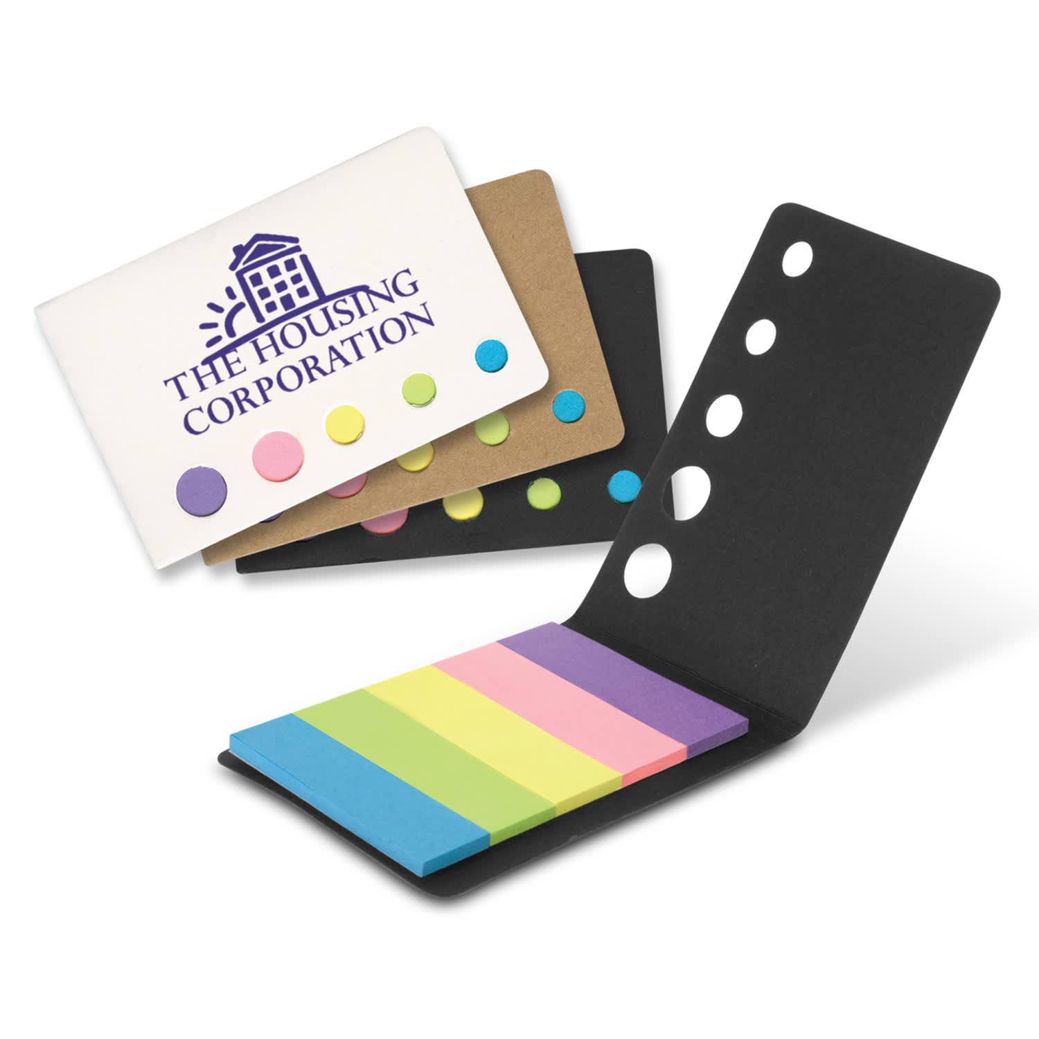 Sticky note set with multicoloured sticky flags in pastel shades, housed in a folder with a logo. Magic Flags - Image 1