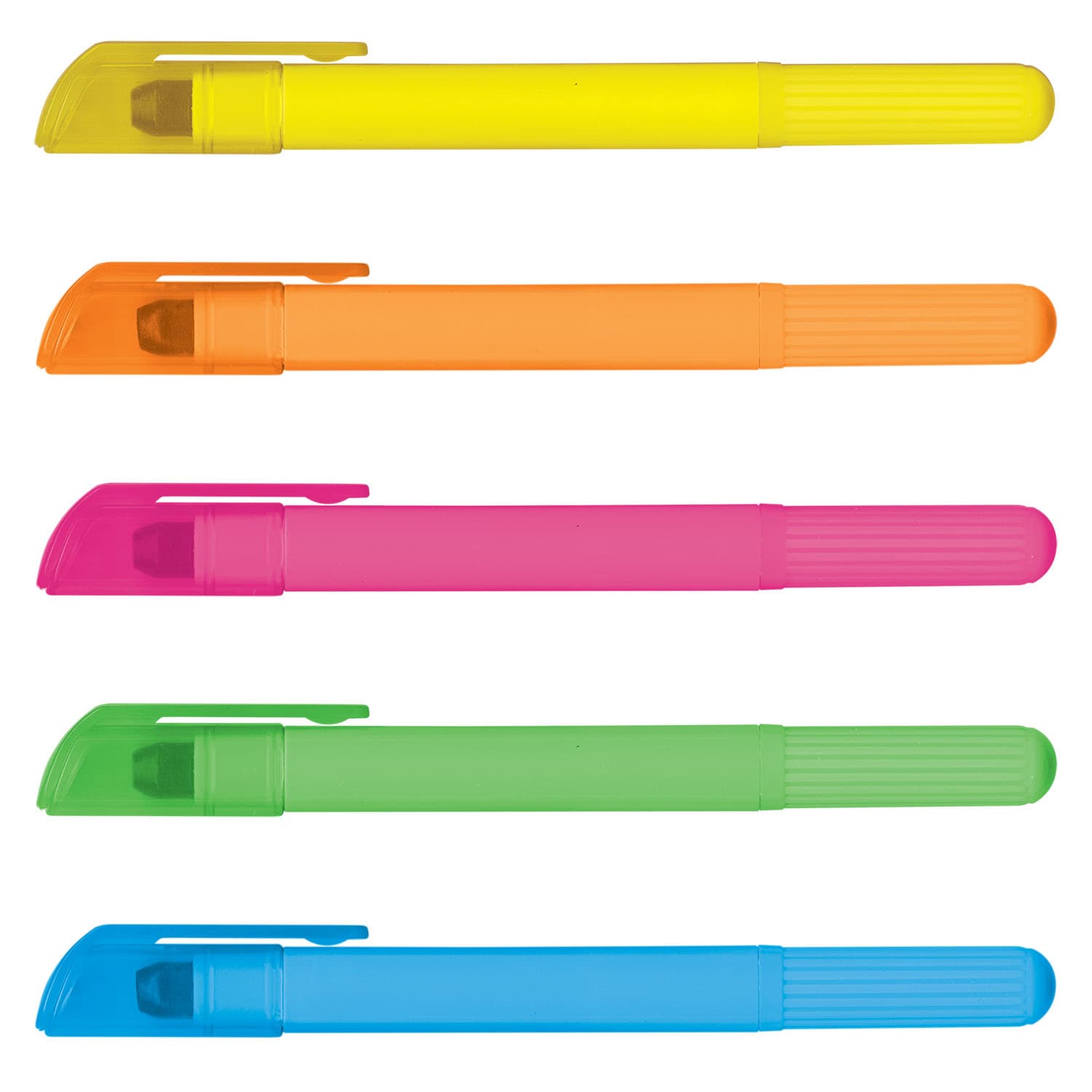 Five wax highlighters in yellow, orange, pink, green, and blue, featuring caps for each colour. Each has a textured grip and a logo. Wax Highlighter - Image 1