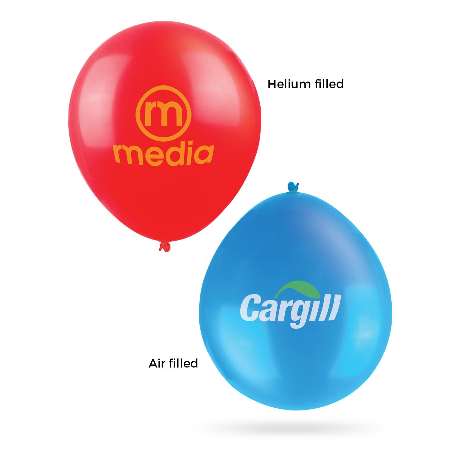 Two 30cm balloons: one red and helium-filled, and one blue and air-filled, each featuring a logo. 30cm Balloons - Image 1