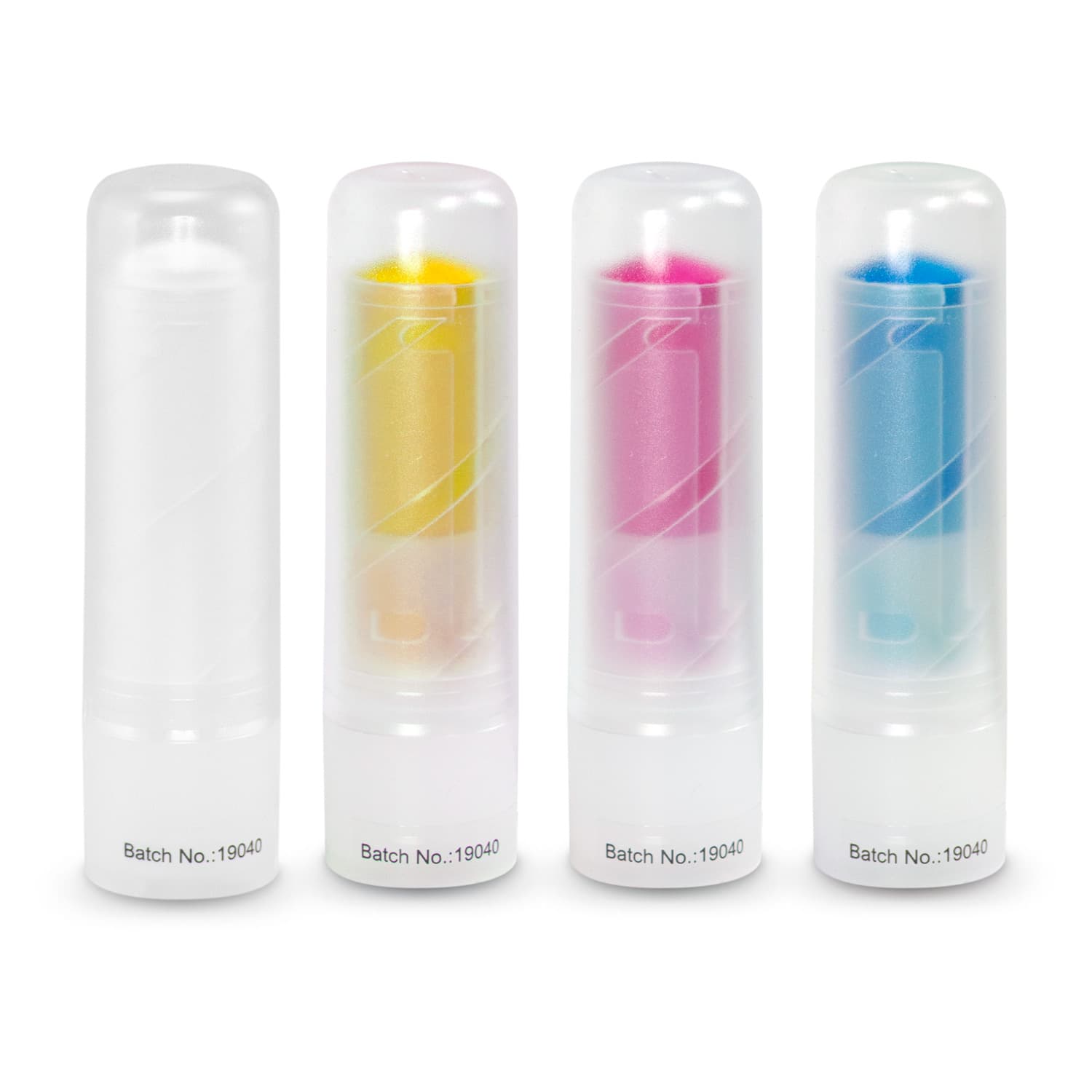Four colourful zinc sticks in white containers, featuring yellow, pink, and blue products inside, all with branding. Zinc Stick - Image 1