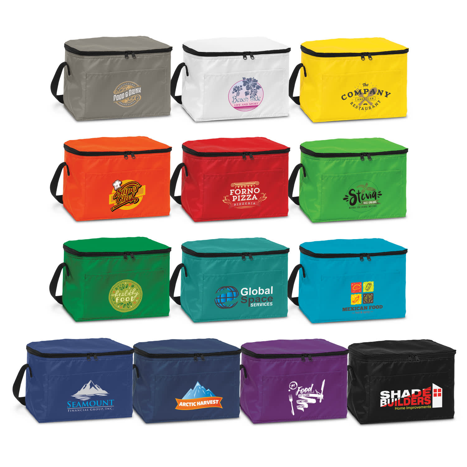 A collection of colourful cooler bags in various shades, each featuring different logos and branding. Alaska Cooler Bag - Image 1