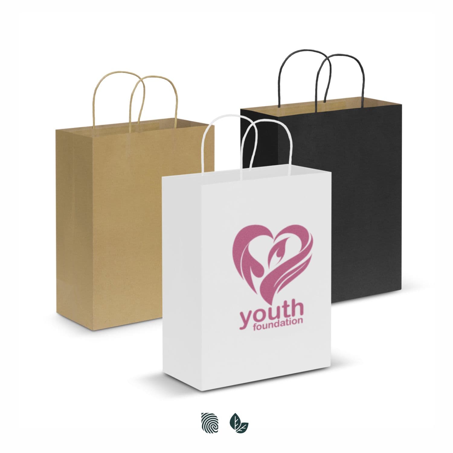 A large paper carry bag set in brown, black, and white, featuring a logo on the white bag. Paper Carry Bag - Large - Image 1