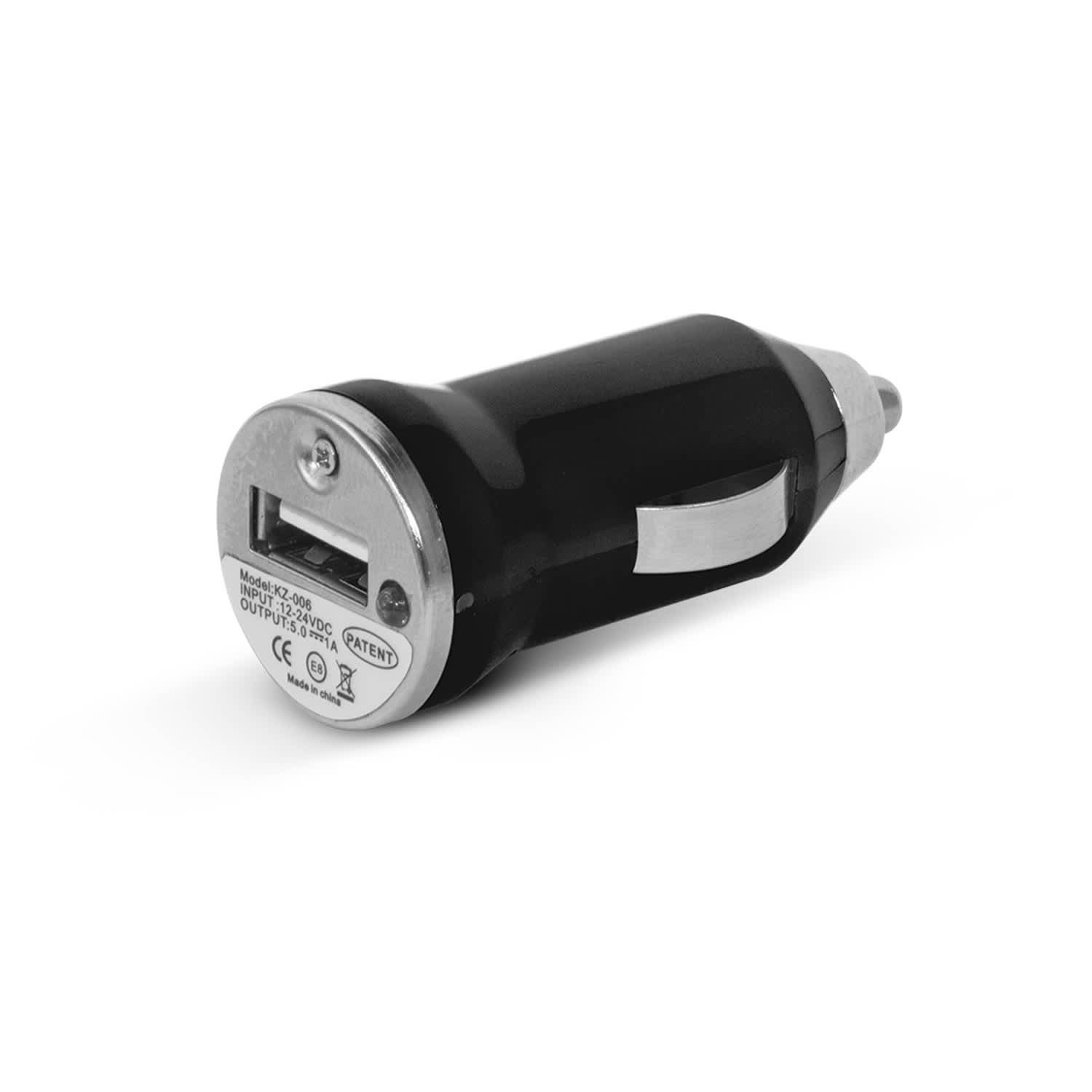 A black mini car charger with a USB port and a silver button, featuring a logo on the side. Mini Car Charger - Image 1