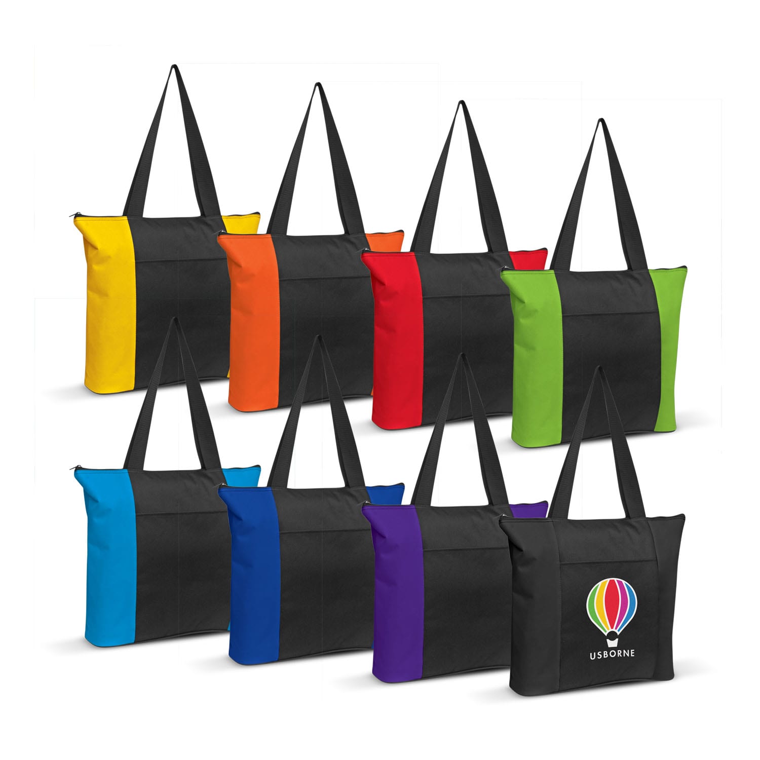 Avenue Tote Bags in black with vibrant side panels: yellow, orange, red, green, blue, and an option featuring a logo. Avenue Tote Bag - Image 1