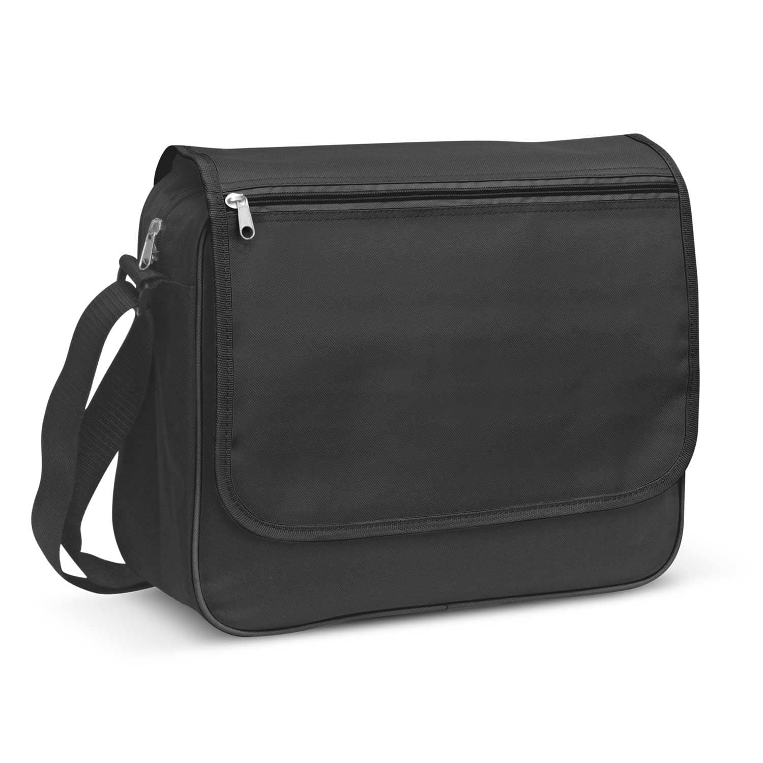 A black messenger bag with a front flap, zipper pocket, adjustable strap, and branding logo. Soho Messenger Bag - Image 1