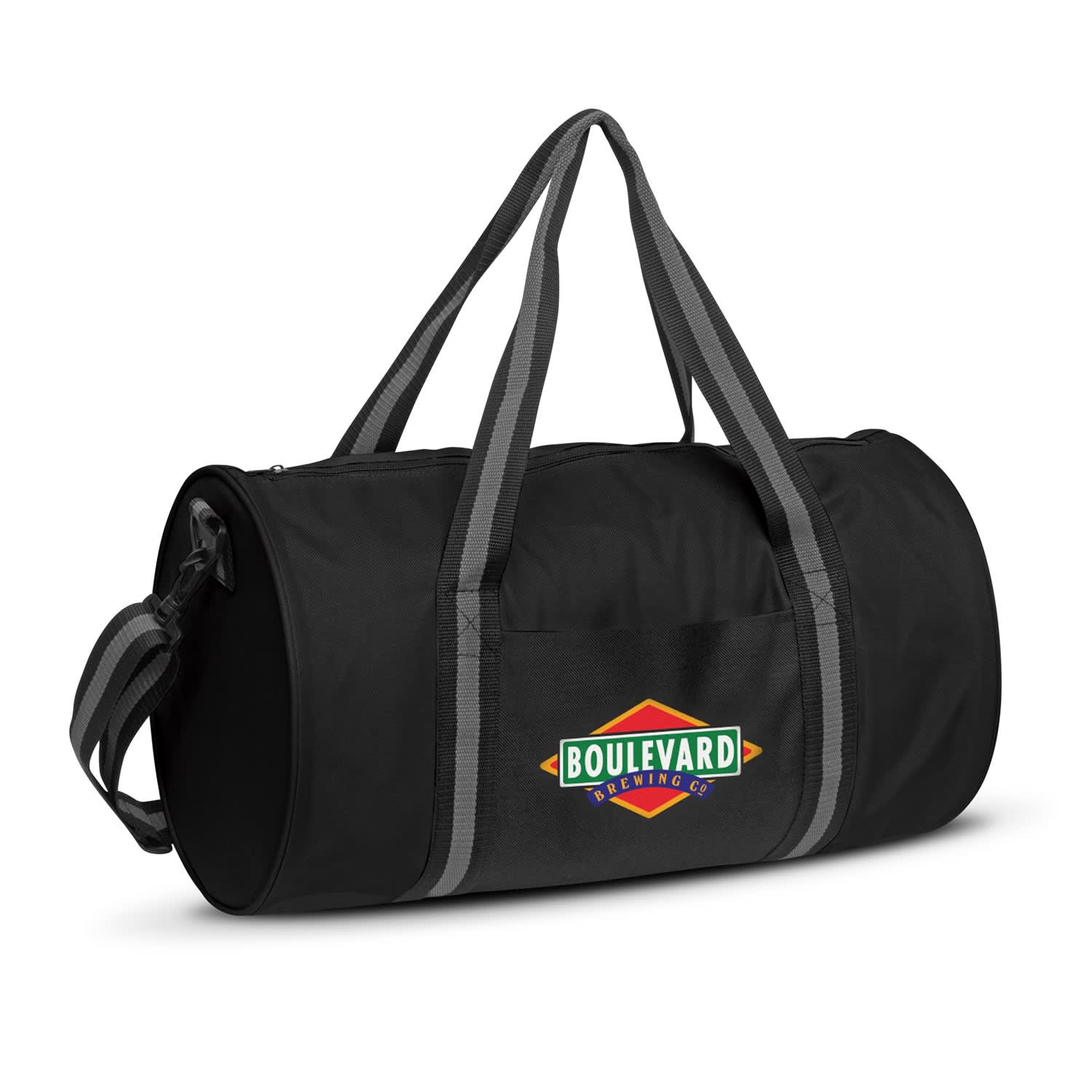 A black duffle bag featuring gray straps and a front pocket with the "Boulevard Brewing Co." logo. Voyager Duffle Bag - Image 1