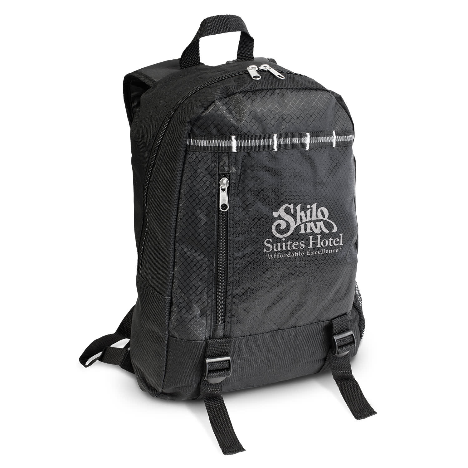 A black backpack with a textured design and a logo, featuring a zippered front pocket and padded straps. Campus Backpack - Image 1