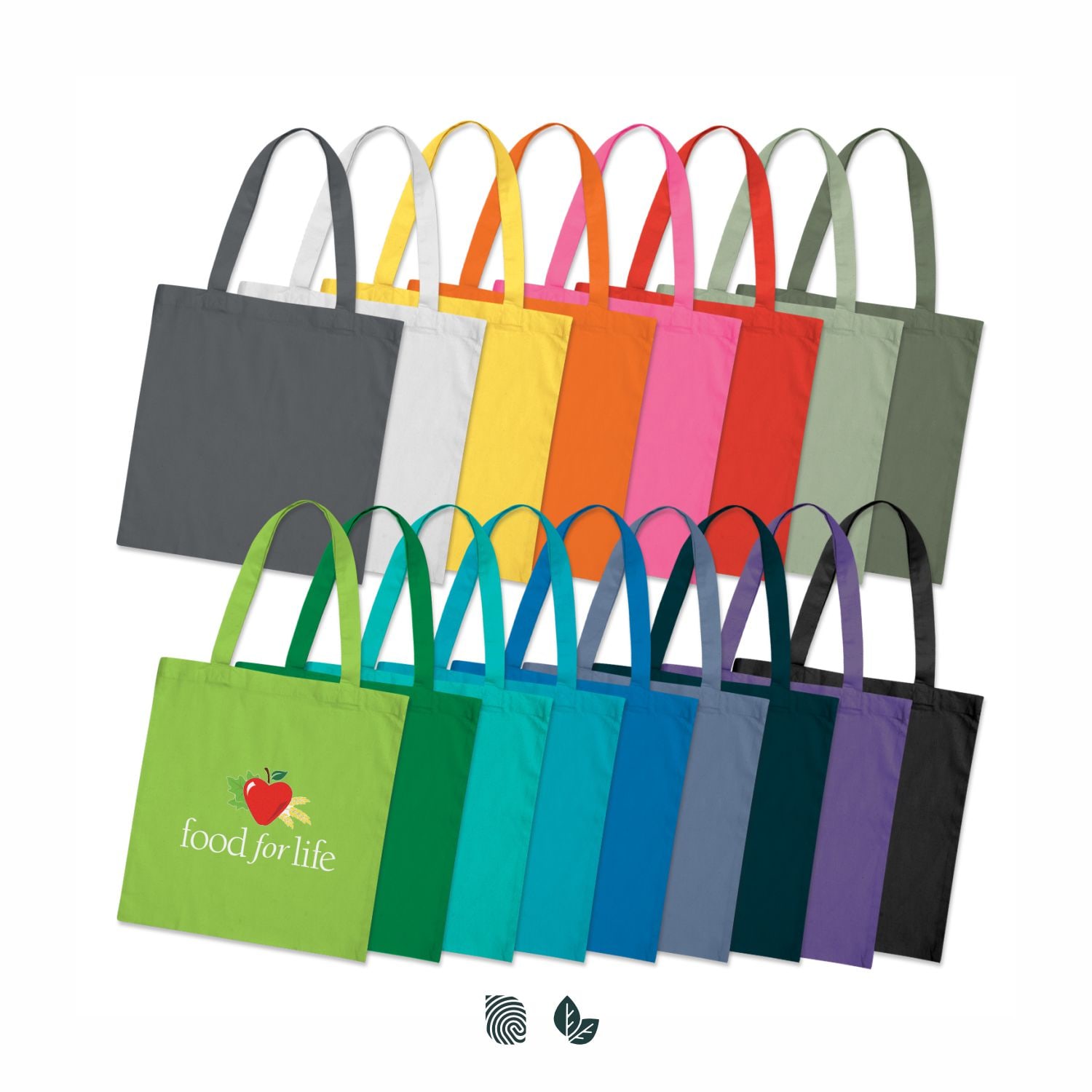 A collection of Sonnet cotton tote bags in various colours, featuring one bag with a logo. Sonnet Cotton Tote Bag - Colours - Image 1