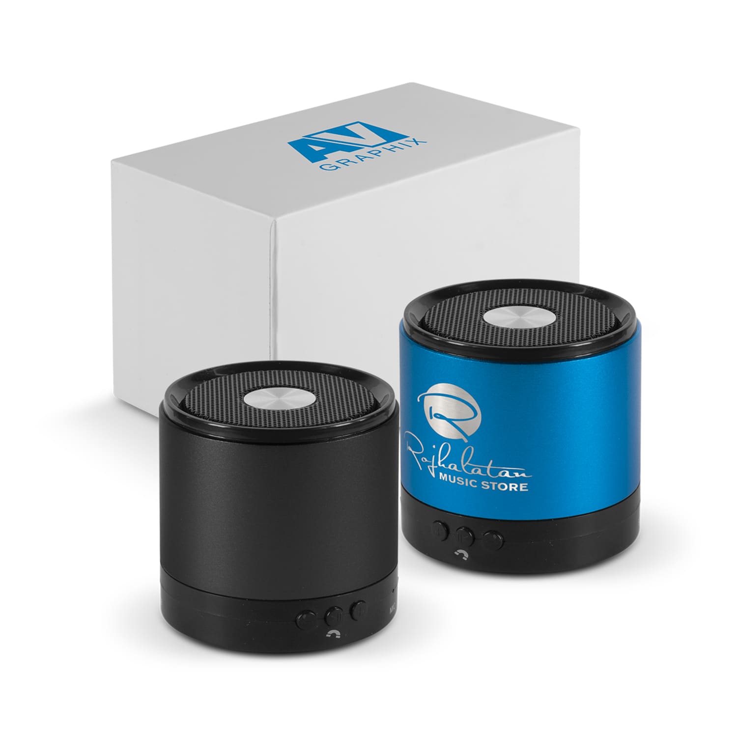 A Bluetooth speaker set in black and blue, with a box in the background, features a logo on one speaker. Polaris Bluetooth Speaker - Image 1