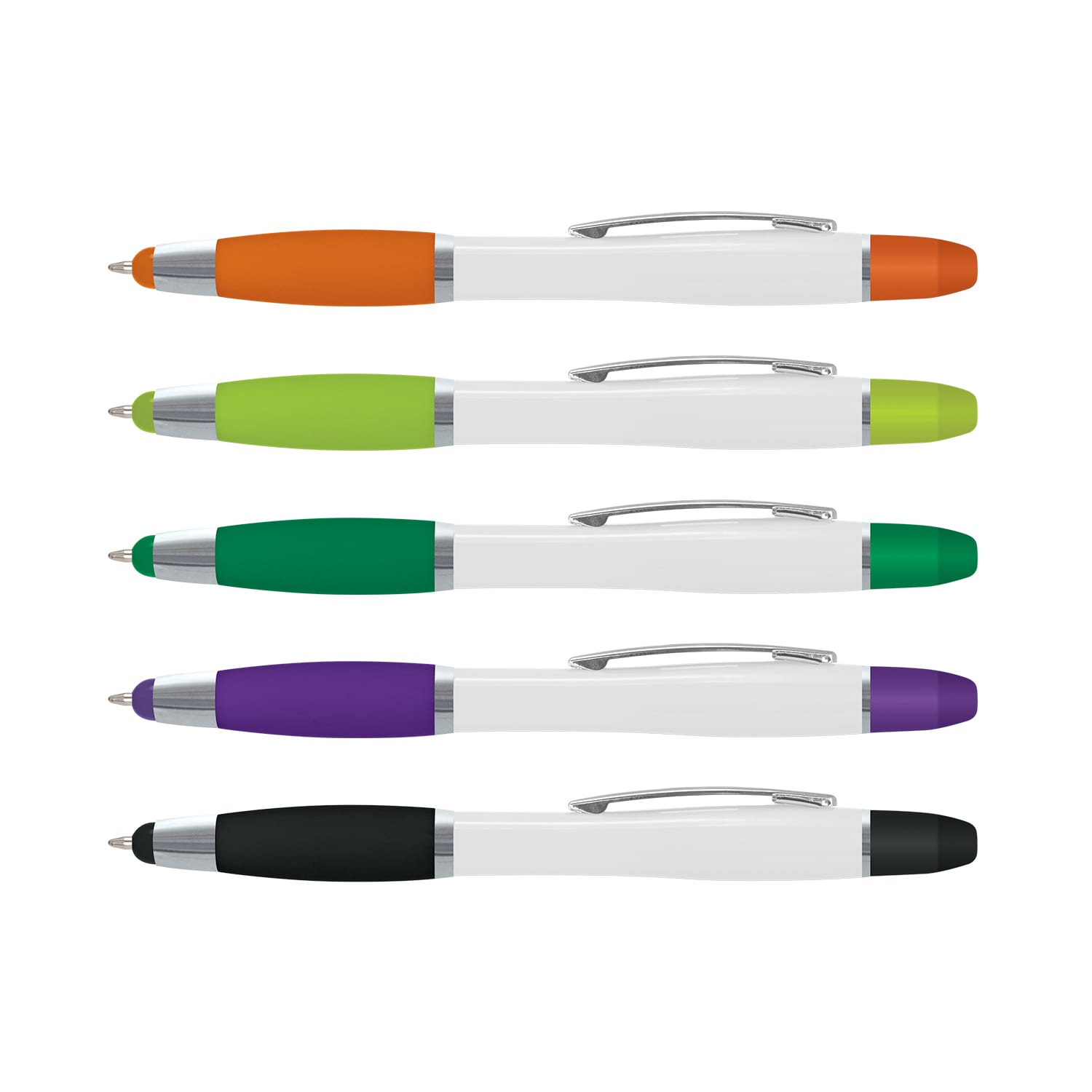 A collection of multi-function pens in orange, green, purple, and black, featuring a white barrel and a clip. Vistro Multi-Function Pen - Image 1