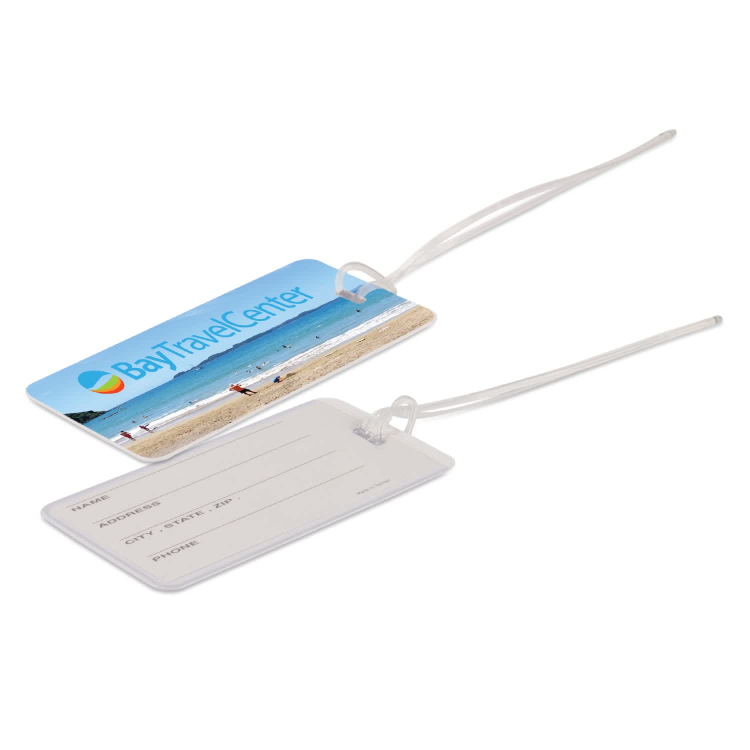 A luggage tag featuring a beach scene on one side and blank fields for name, address, and contact details on the other. Westin Luggage Tag - Image 1