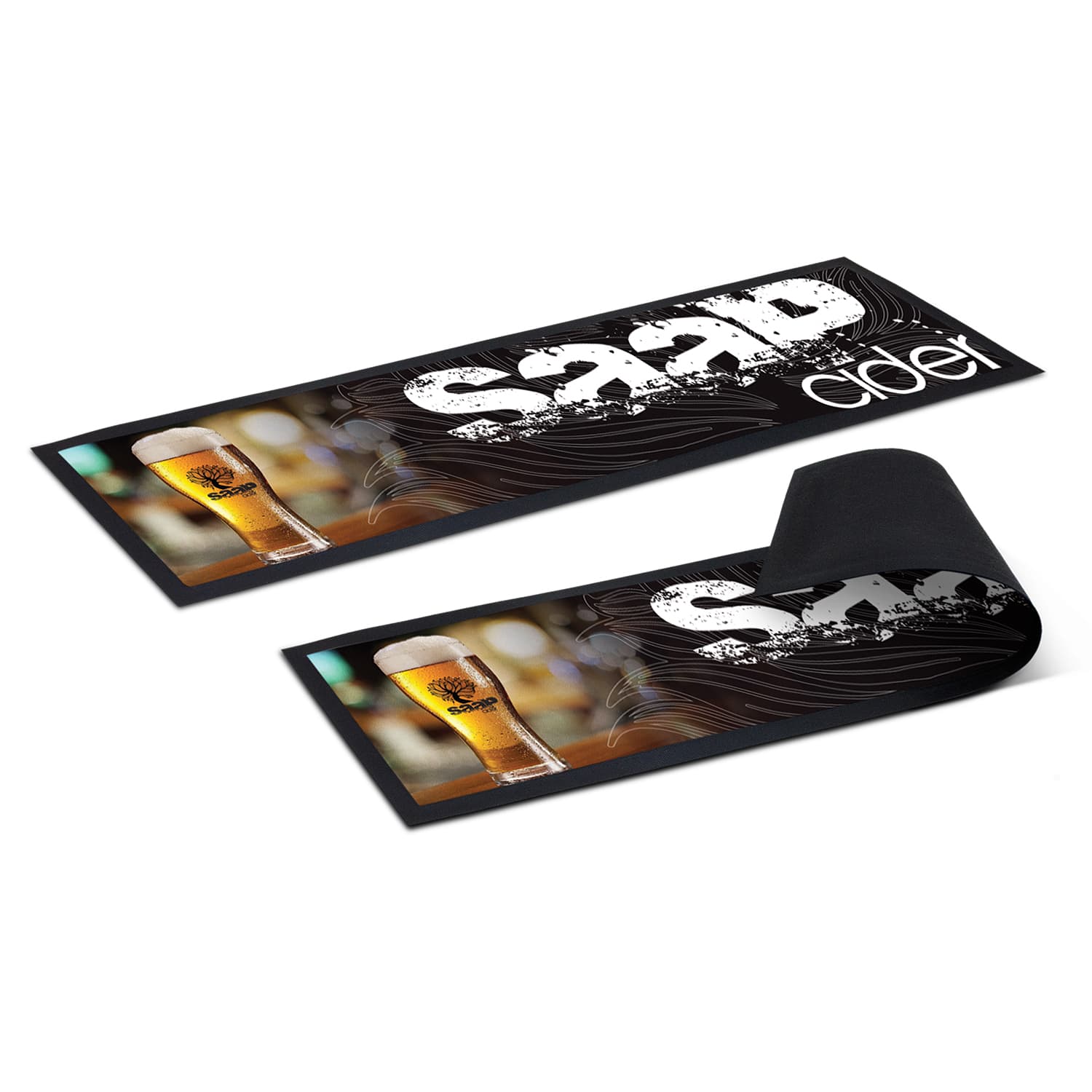A large black counter mat featuring images of drinks and a logo, designed for office and business use. Large Counter Mat - Image 1