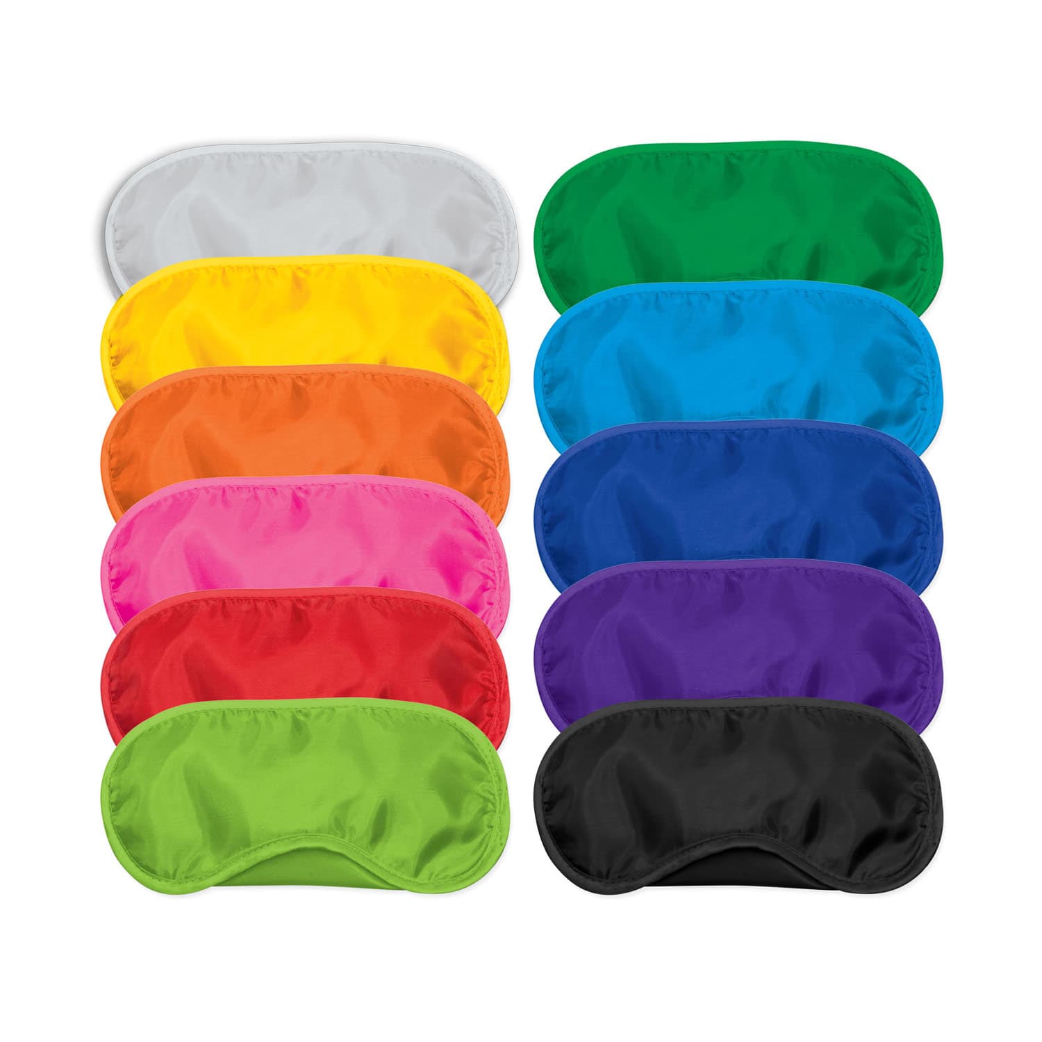 A collection of eye masks in various colours, including green, purple, blue, orange, pink, yellow, and black, with a logo. Eye Mask - Image 1