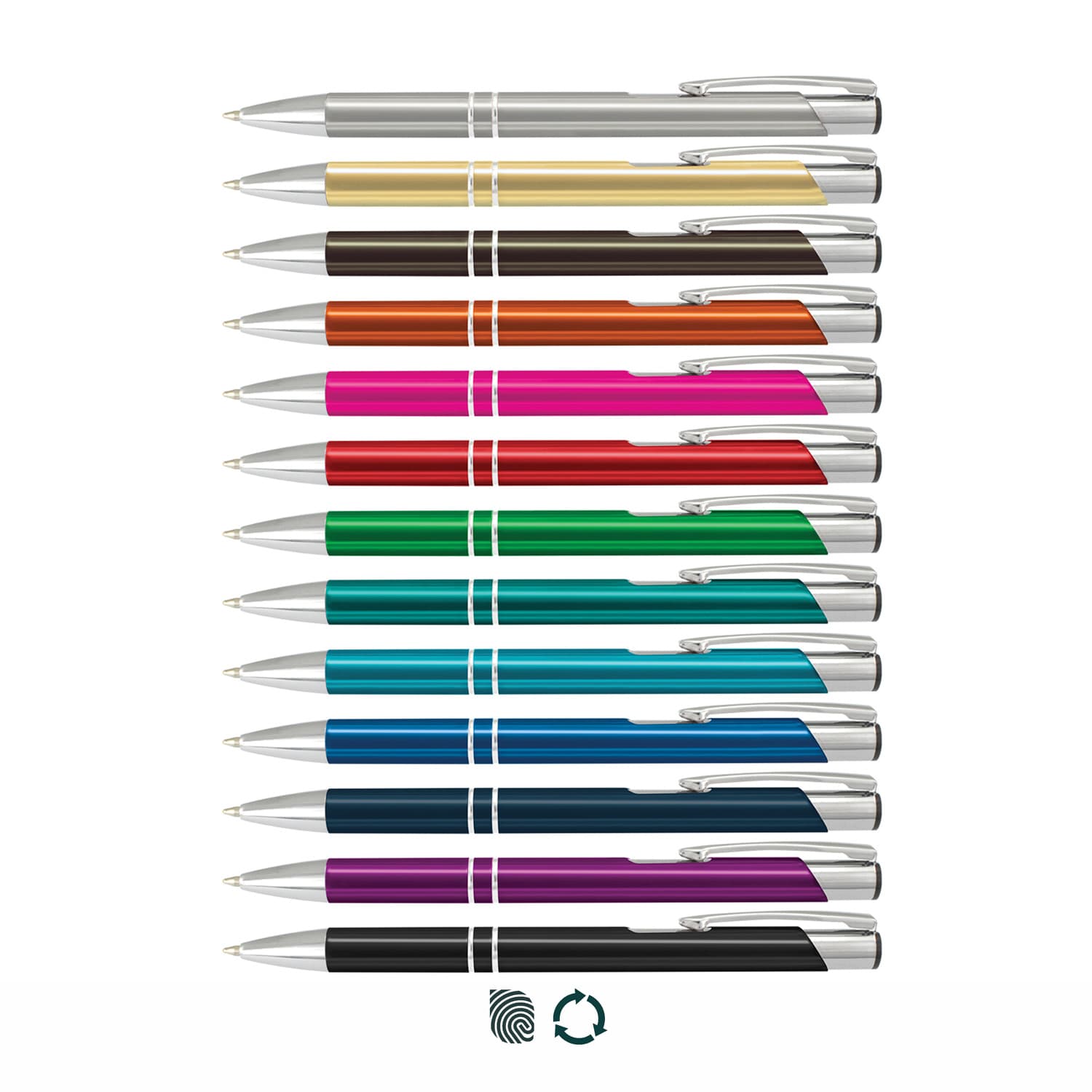A collection of metal pens in various colours including blue, red, green, pink, black, and silver, featuring a logo. Panama Pen - Image 1