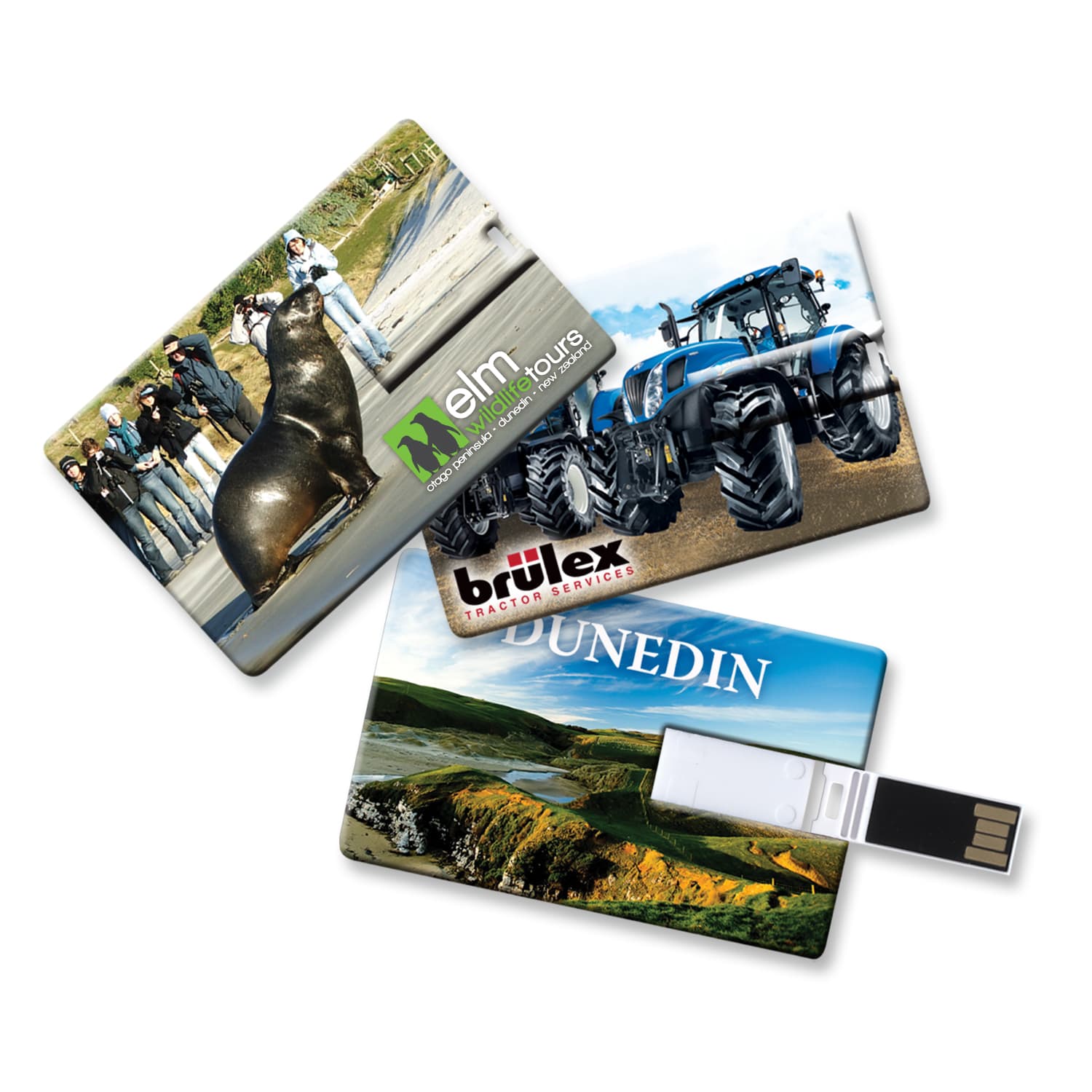 A set of three credit card-sized flash drives featuring various images and a logo, with vibrant colours and designs. Credit Card Flash Drive 8GB - Image 1