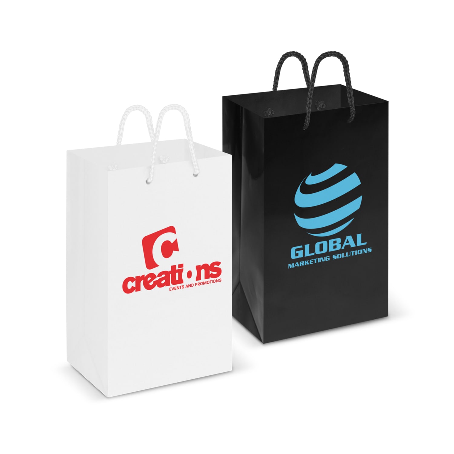 Two laminated carry bags: one white with a red logo, and one black with a blue and grey logo. Both feature rope handles. Laminated Carry Bag - Small - Image 1