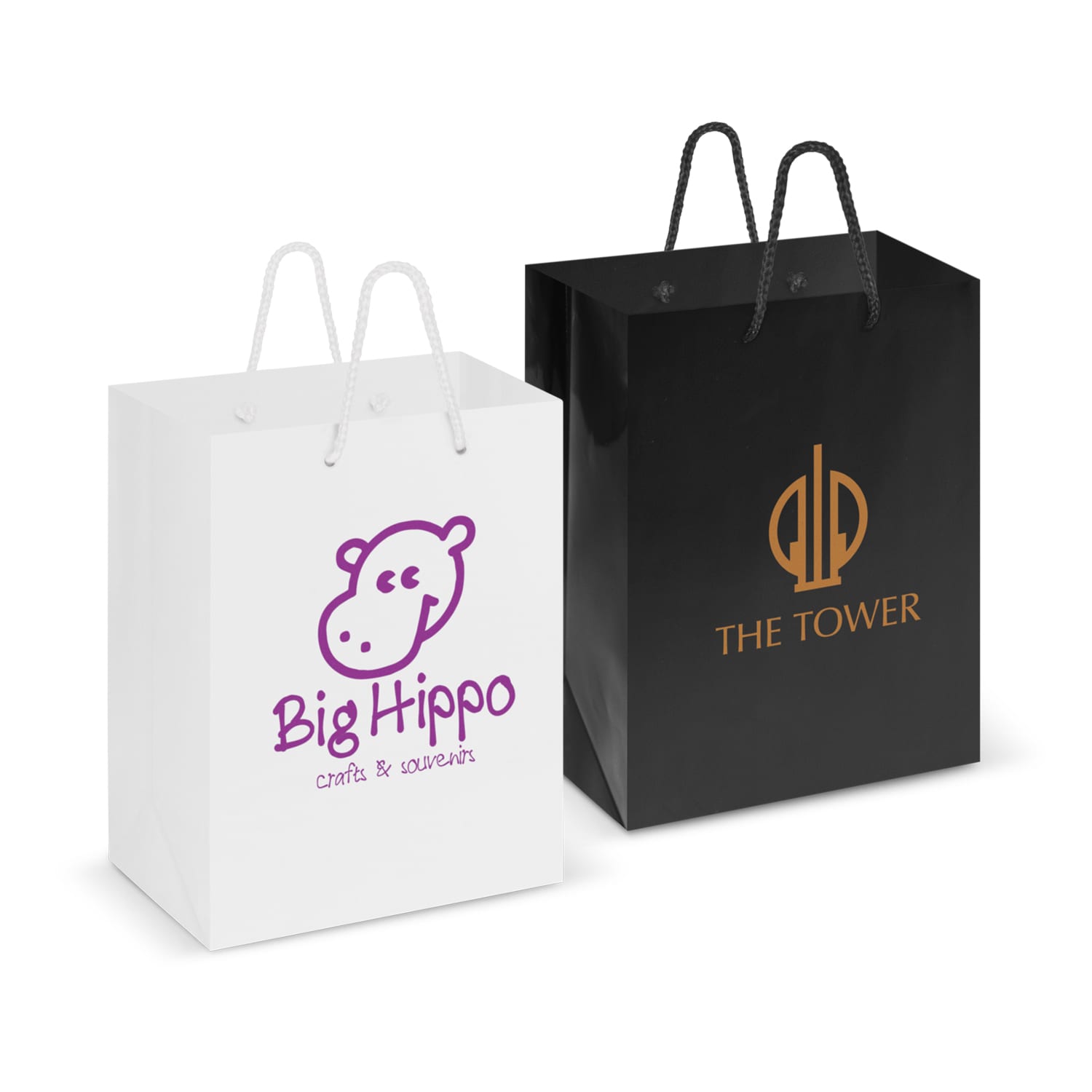 A medium laminated carry bag in white with purple logo and a black bag with gold logo, featuring sturdy handles. Laminated Carry Bag - Medium - Image 1