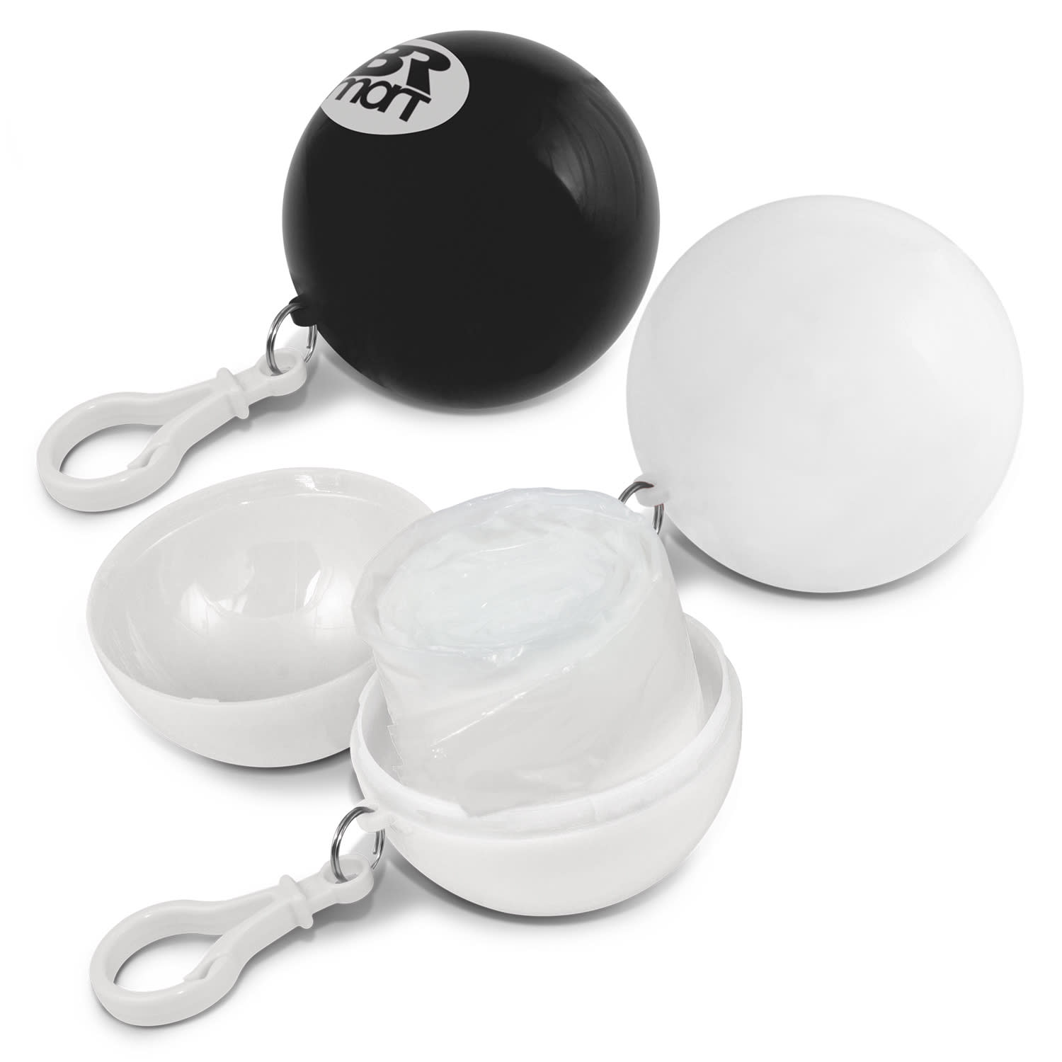 A black and white ball-shaped container with a clip, featuring a logo, that holds a raincoat inside. Rain Coat Ball - Image 1