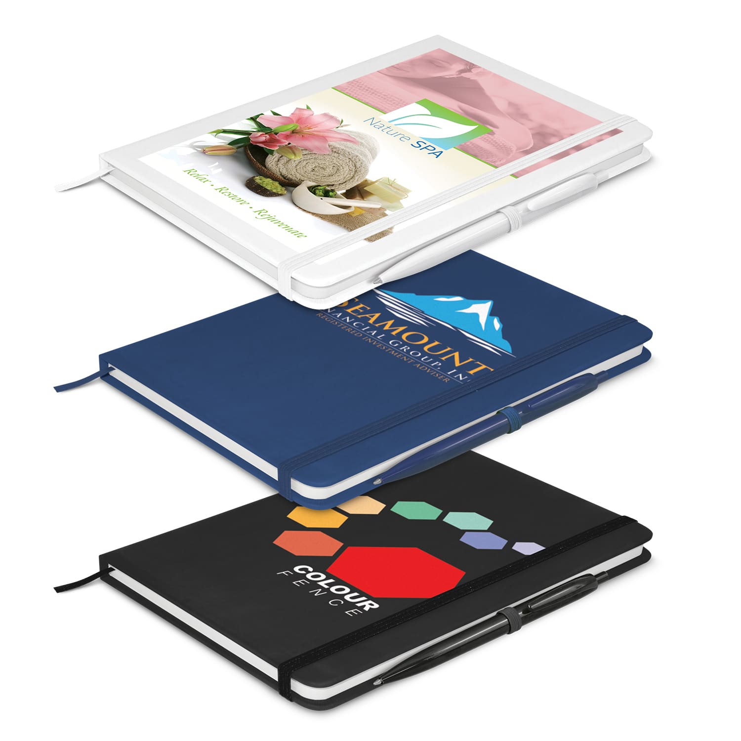 A collection of three notebooks in white, navy blue, and black, each featuring a pen and different branding. Omega Notebook With Pen - Image 1