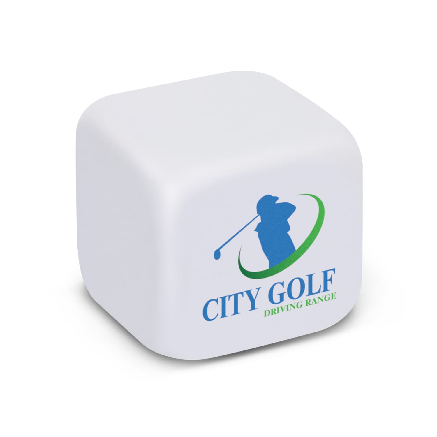 A white stress cube featuring a logo related to golf. The cube has a smooth surface and rounded edges. Stress Cube - Image 1