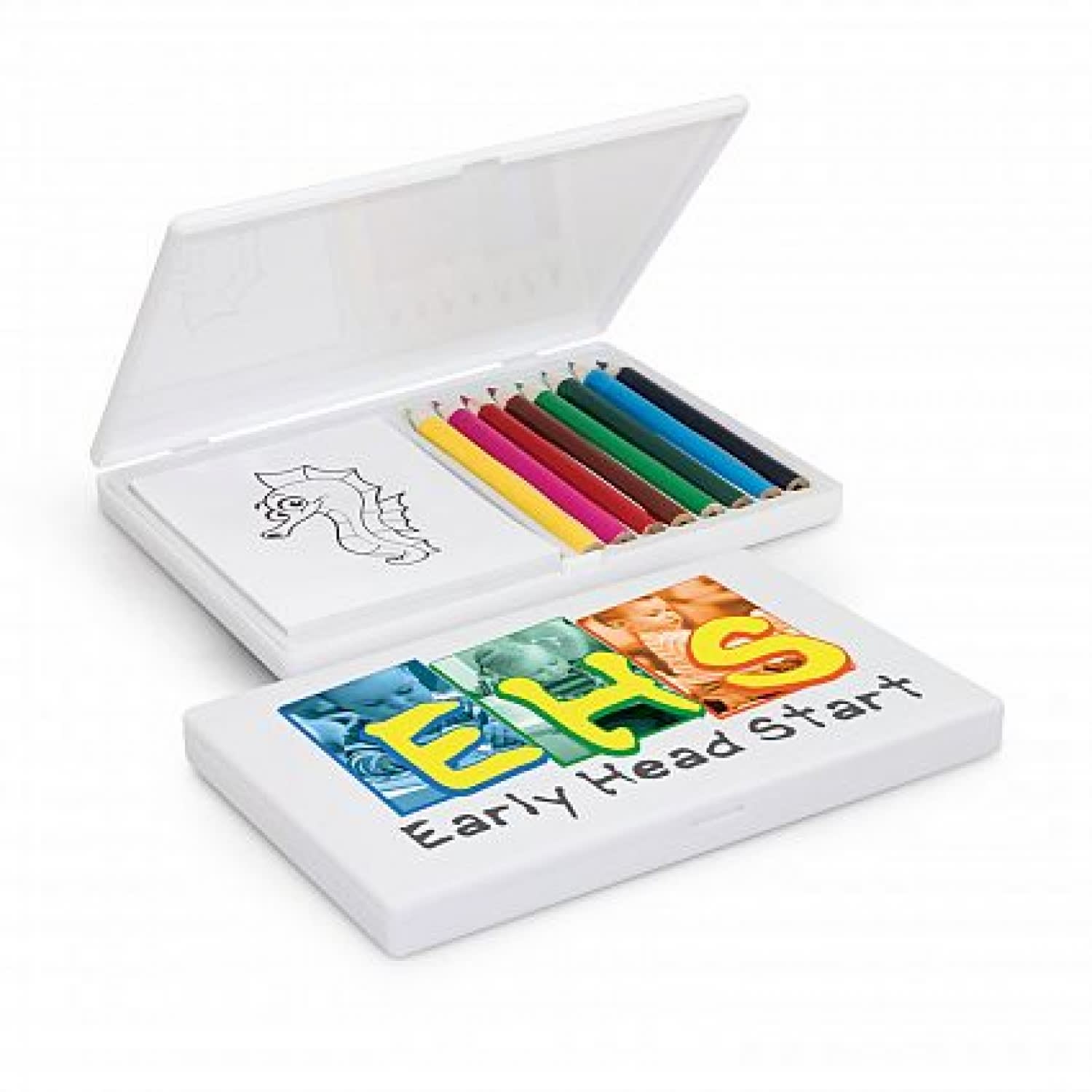 A colouring set featuring a white case with vibrant coloured pencils in shades of blue, green, pink, and yellow. Playtime Colouring Set - Image 1
