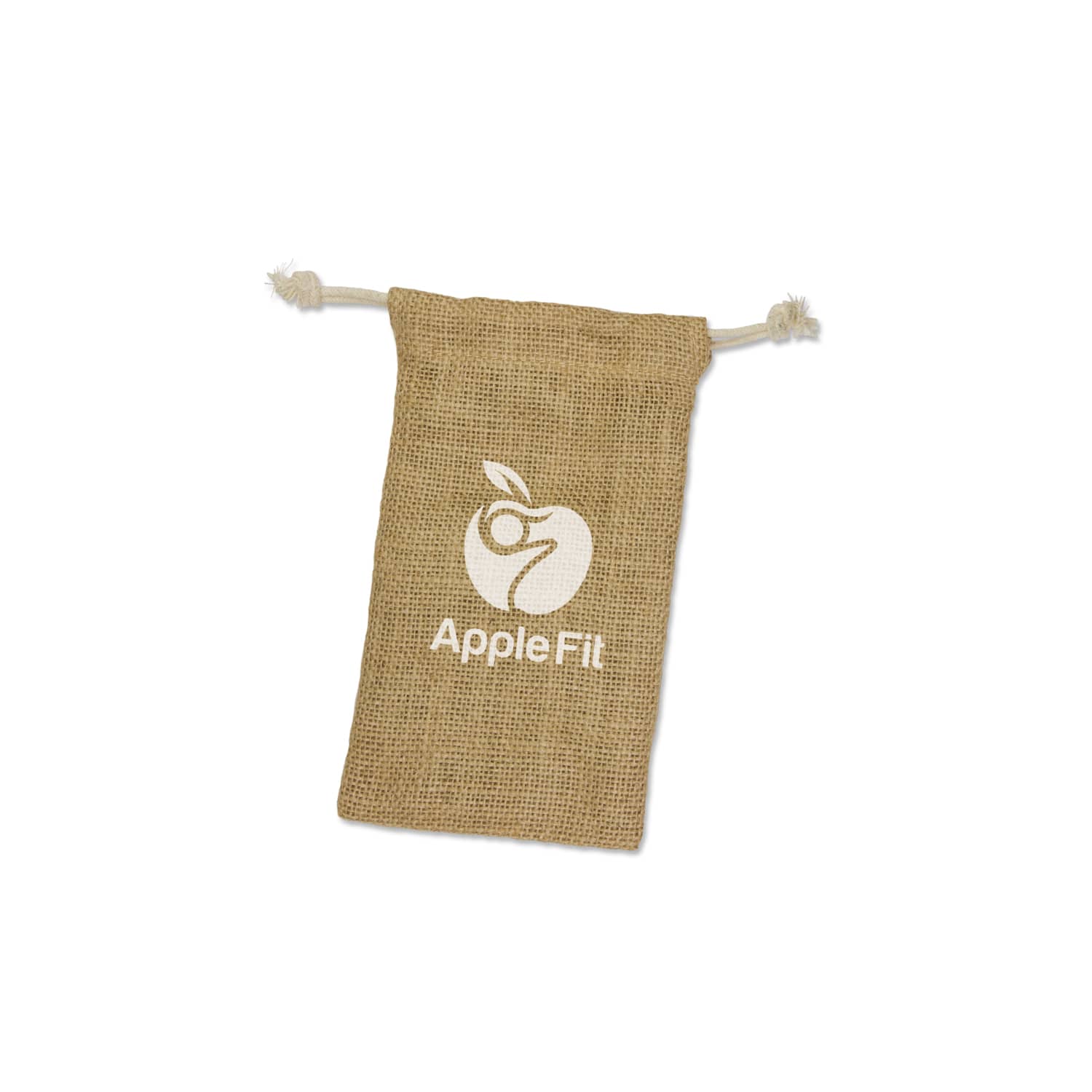 A small jute gift bag featuring a printed logo that reads "AppleFit." The bag has a drawstring closure. Jute Gift Bag - Small - Image 1