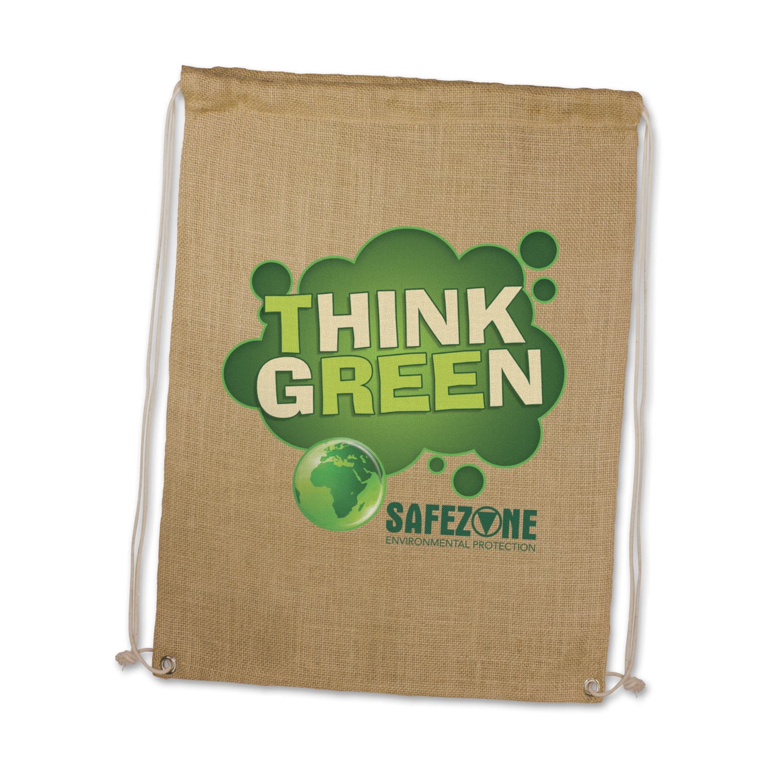 A jute drawstring backpack featuring the slogan "THINK GREEN" and a globe graphic, promoting environmental protection. Jute Drawstring Backpack - Image 1