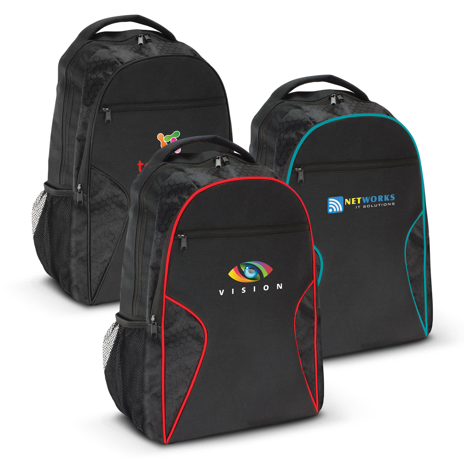 Three black backpacks with different accent colours: red, teal, and a multicoloured logo; featuring side mesh pockets. Artemis Laptop Backpack - Image 1