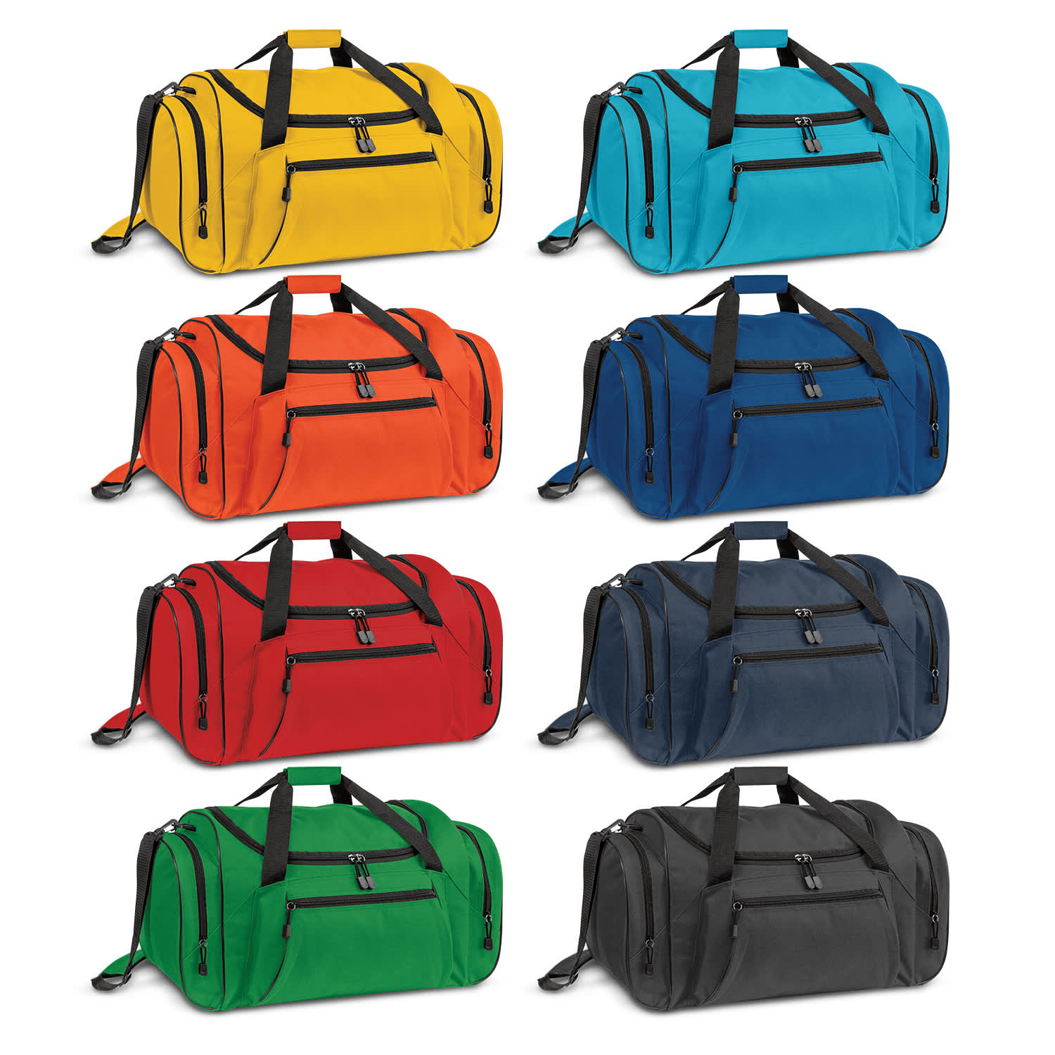 A collection of duffle bags in eight colours: yellow, turquoise, orange, red, blue, green, grey, and black, each with a logo. Champion Duffle Bag - Image 1
