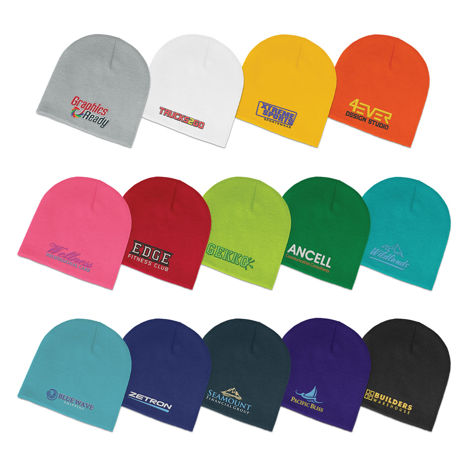A variety of beanies in multiple colours, each featuring a different logo or branding. Commando Beanie - Image 1