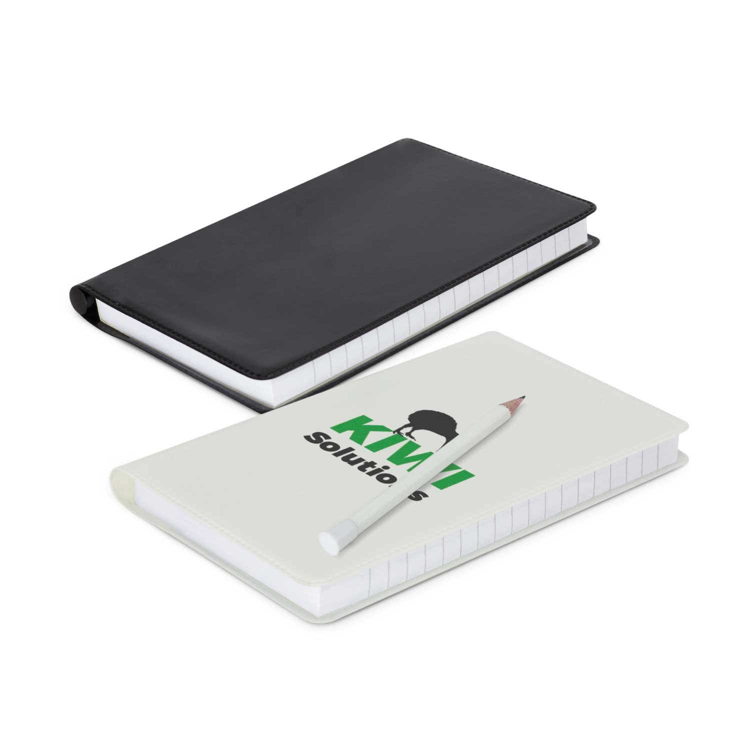 Two notebooks in black and white featuring a logo, with one open and a pencil beside it. Maxima Notebook - Image 1