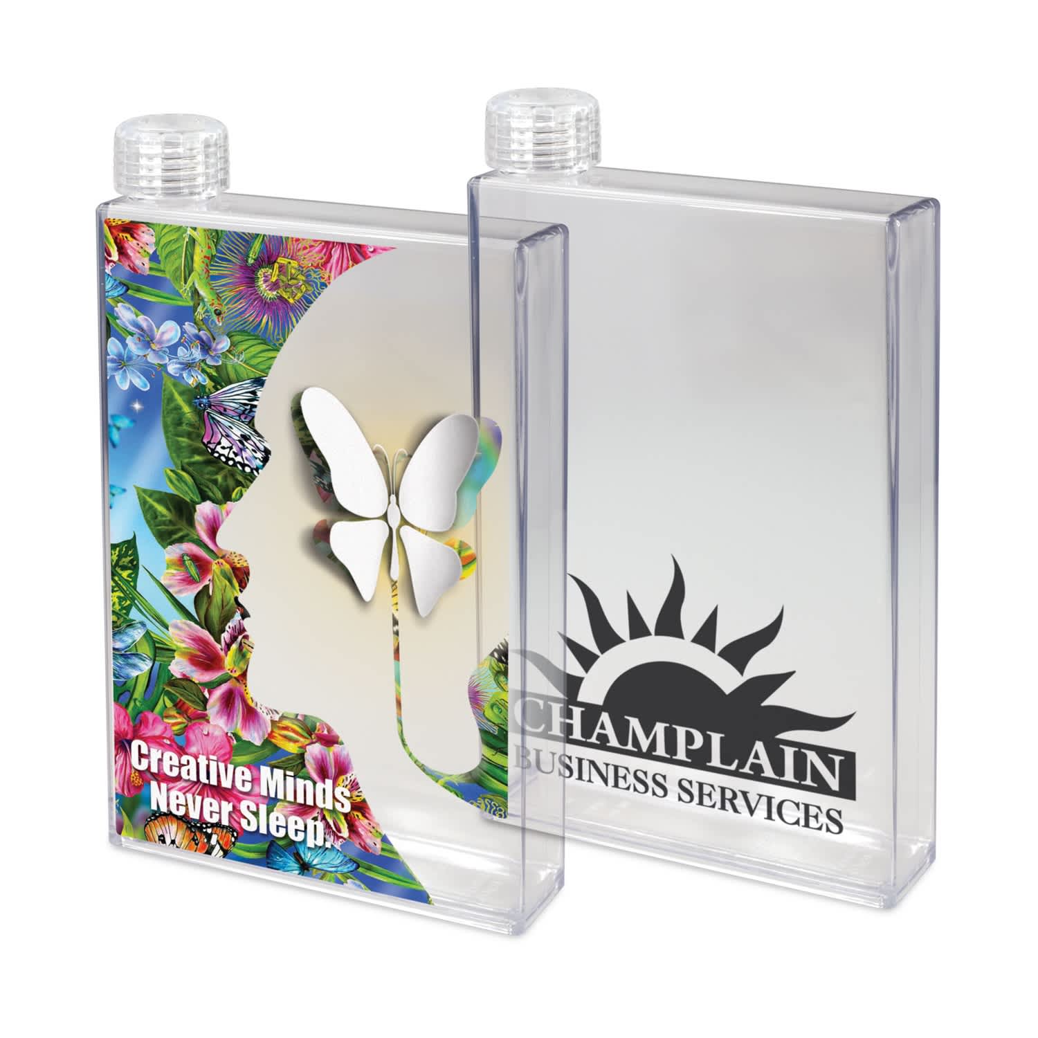 A drink bottle with a clear design featuring a colourful floral pattern and a butterfly. It has a logo on one side. Notebook Water Bottle - Image 1
