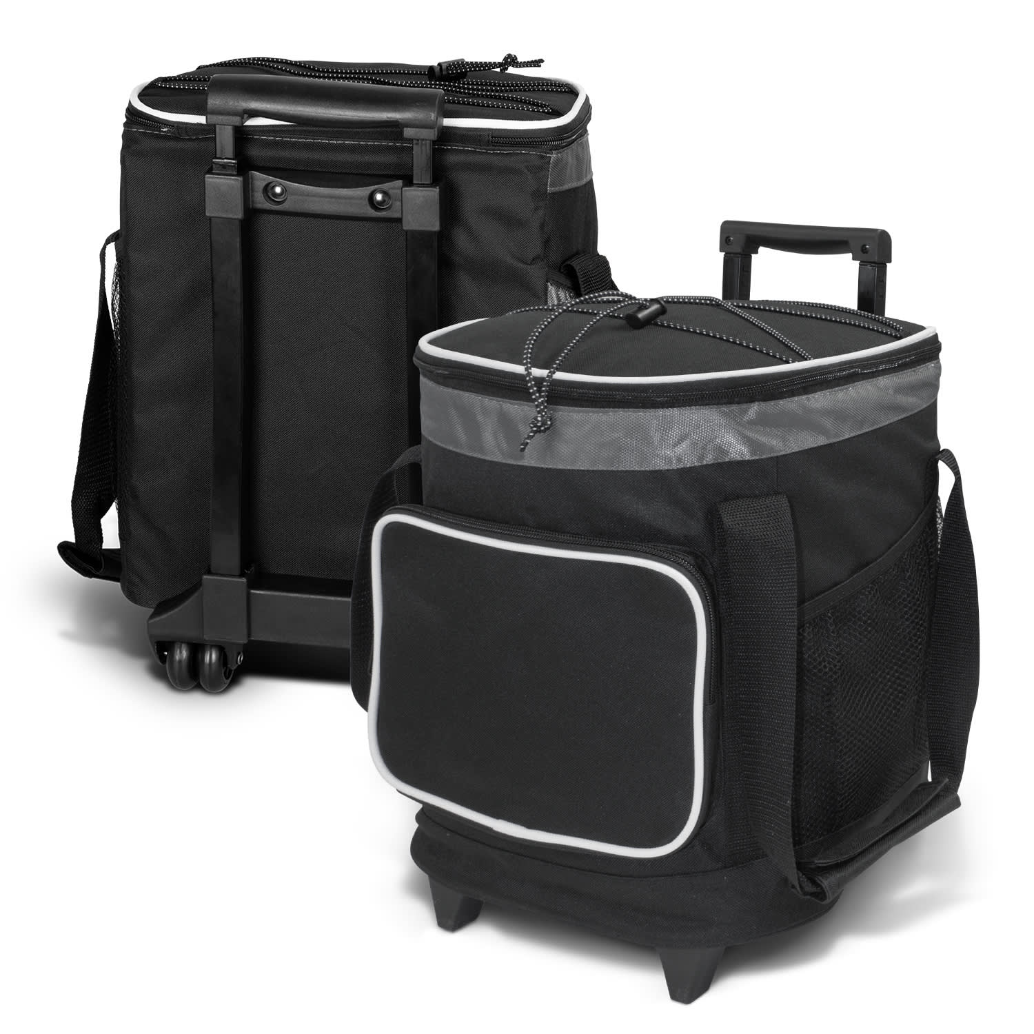 A black Glacier Cooler Trolley with wheels and a retractable handle, featuring side pockets and a front mesh pocket. Glacier Cooler Trolley - Image 1