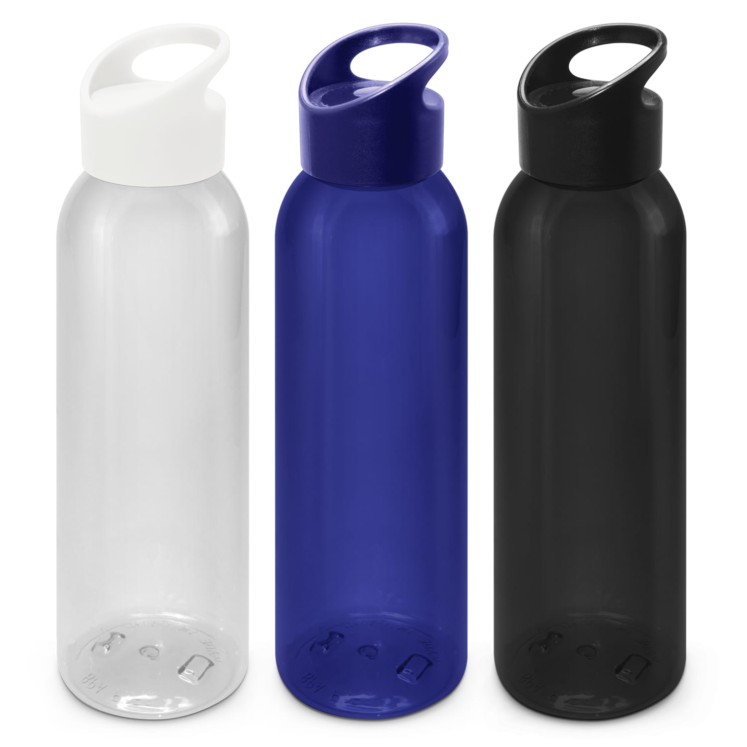 A drink bottle set featuring clear, blue, and black bottles, each with a secure lid and ergonomic handle. Eclipse Bottle - Image 1