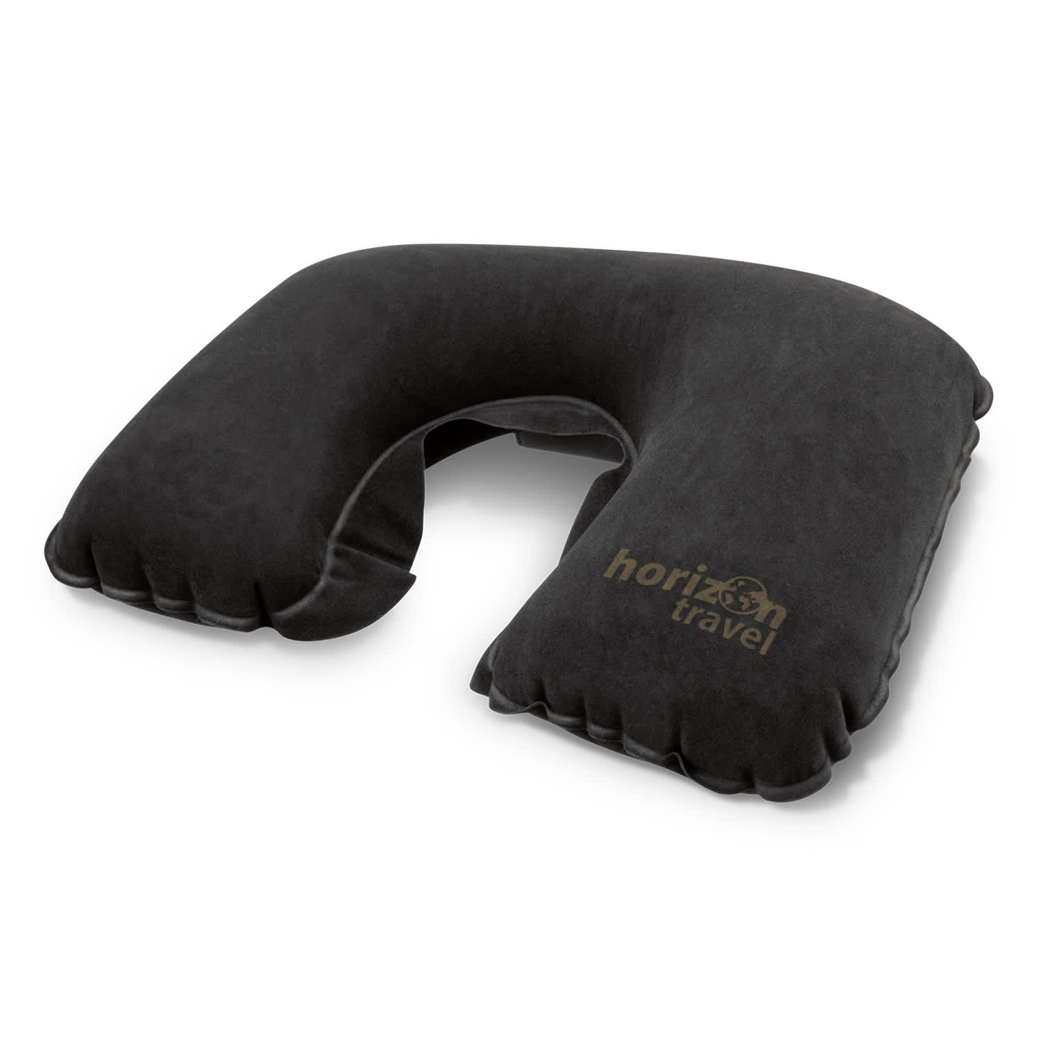 A comfortable black neck pillow with a U-shape design and a branding logo. Soft fabric surface visible. Comfort Neck Pillow - Image 1