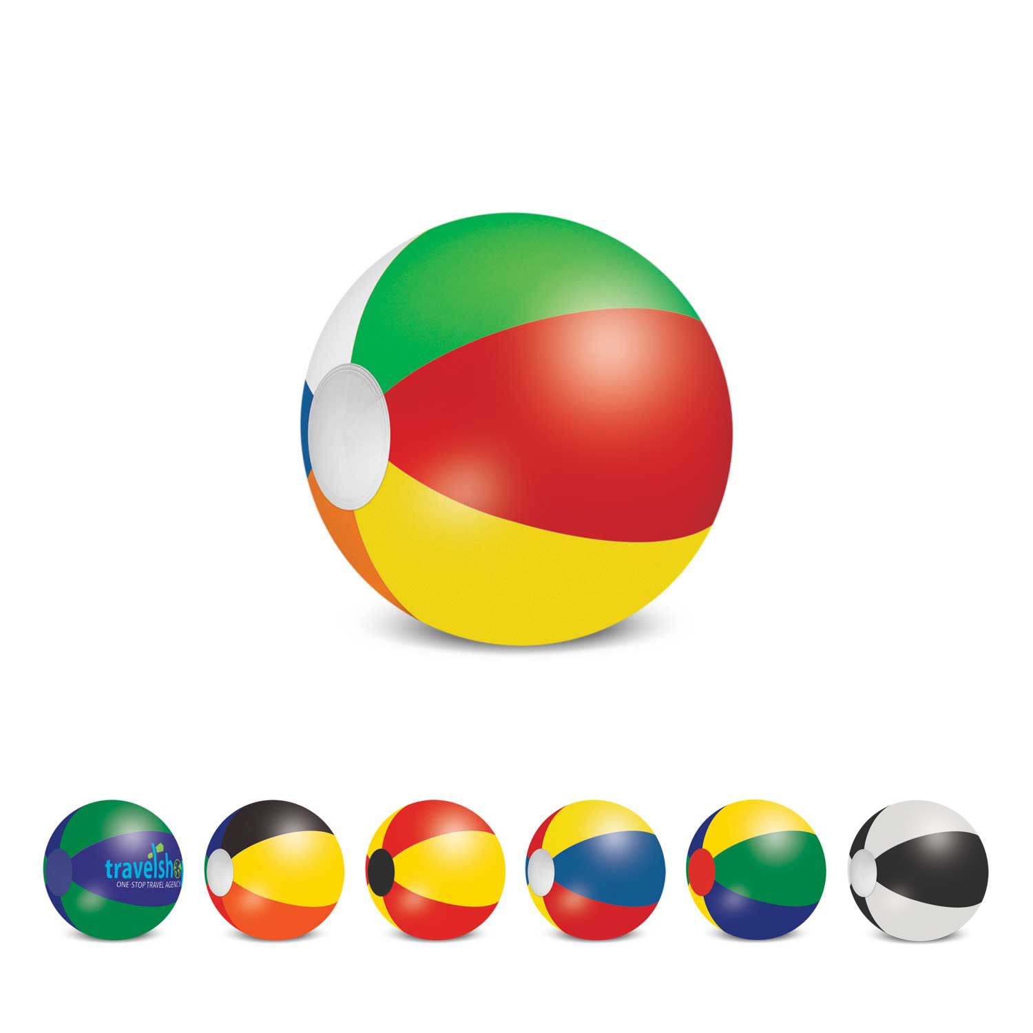 A multi-coloured beach ball featuring green, red, yellow, and blue sections, with a white centre and a logo. Beach Ball - 34cm Mix and Match - Image 1