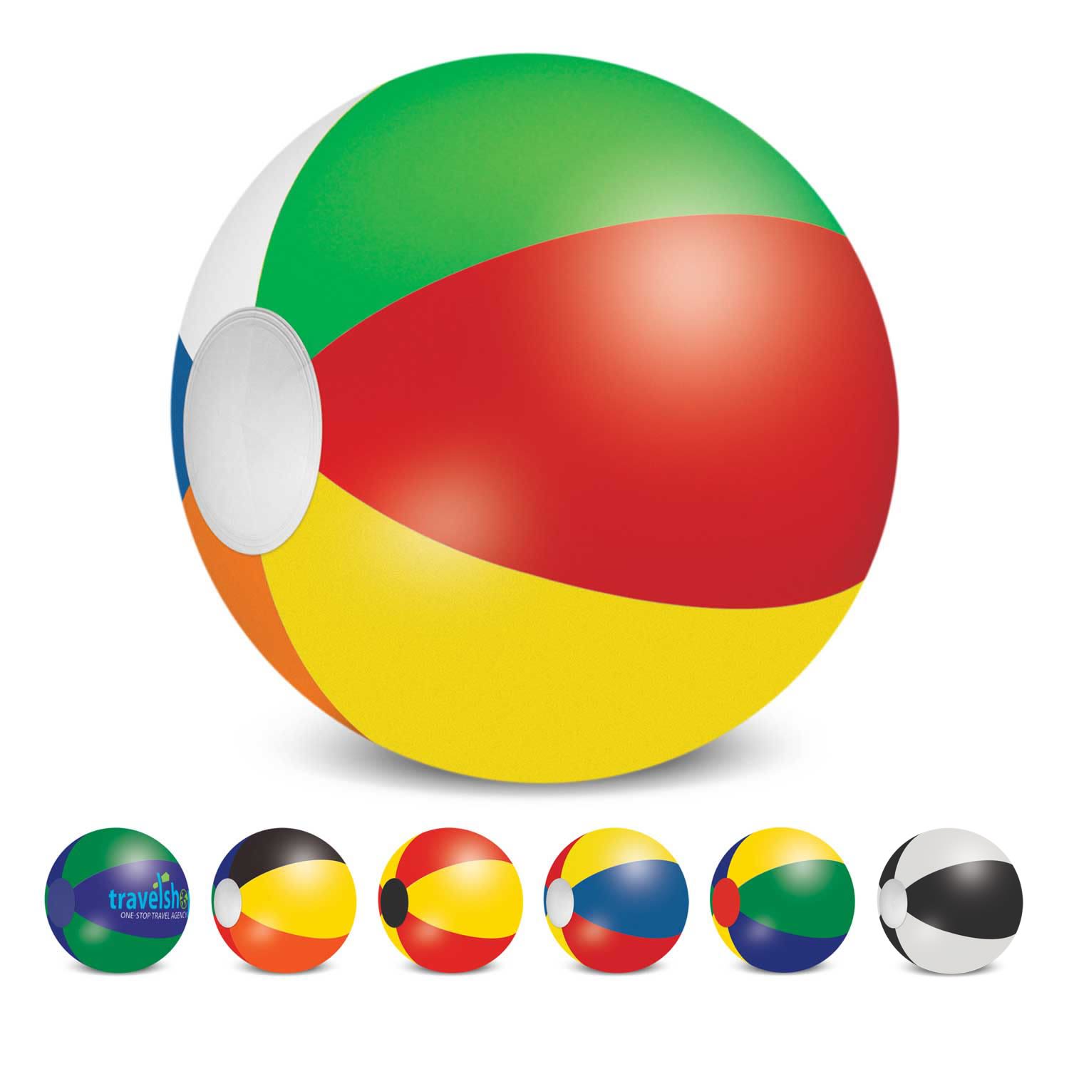 A beach ball with a green, red, yellow, and blue design, along with various smaller beach ball styles below. Beach Ball - 60cm Mix and Match - Image 1