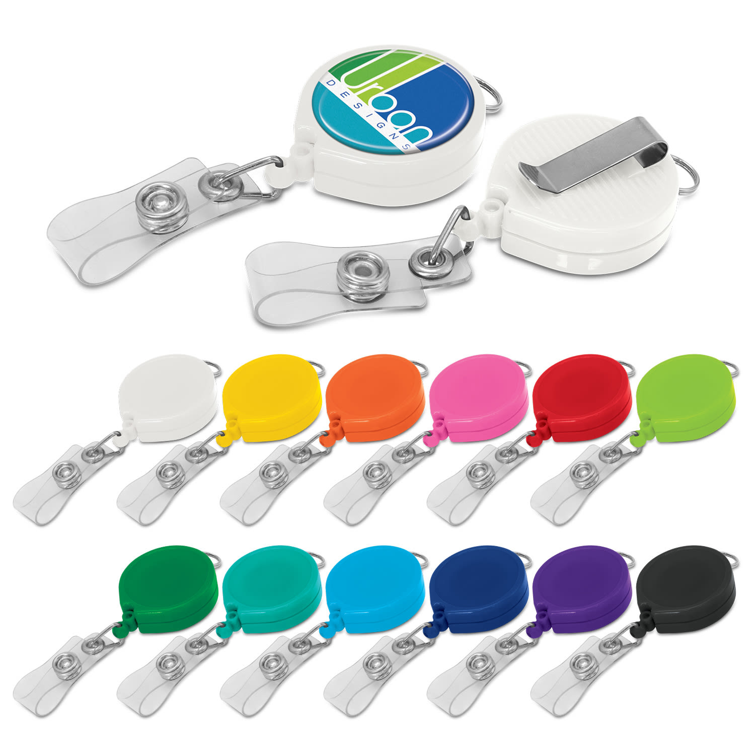 A variety of Alta Retractable ID Holders in multiple colours, featuring a clip and a retractable cord. Alta Retractable ID Holder - Image 1