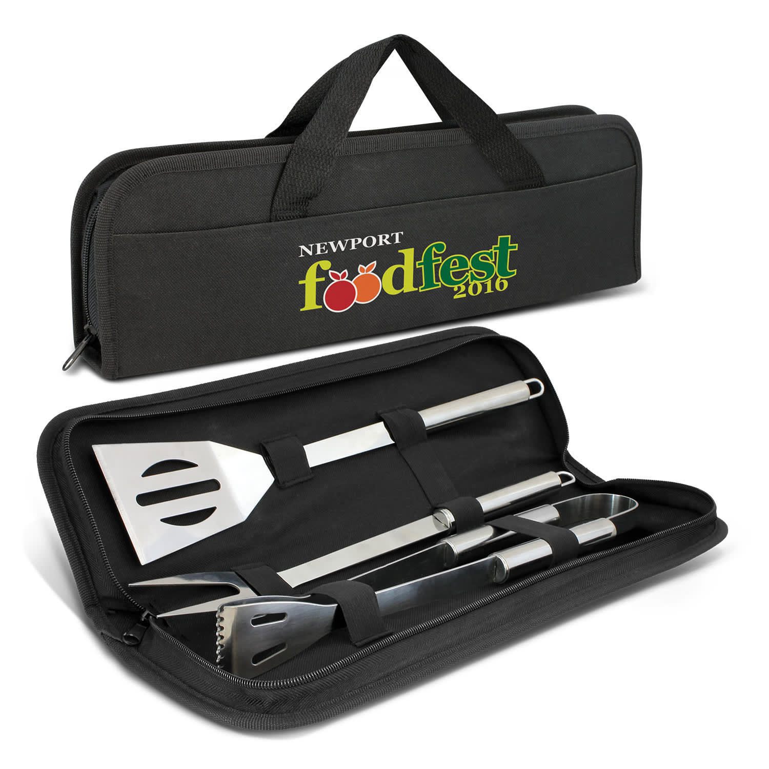 A black BBQ tool set case containing stainless steel spatula, tongs, and basting brush with a logo on the front. Asada BBQ Set - Image 1