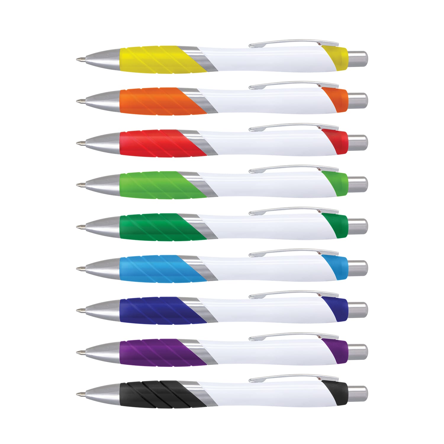 A set of plastic pens with white barrels and brightly coloured grips in various hues, featuring a logo. Borg Pen - White Barrel - Image 1