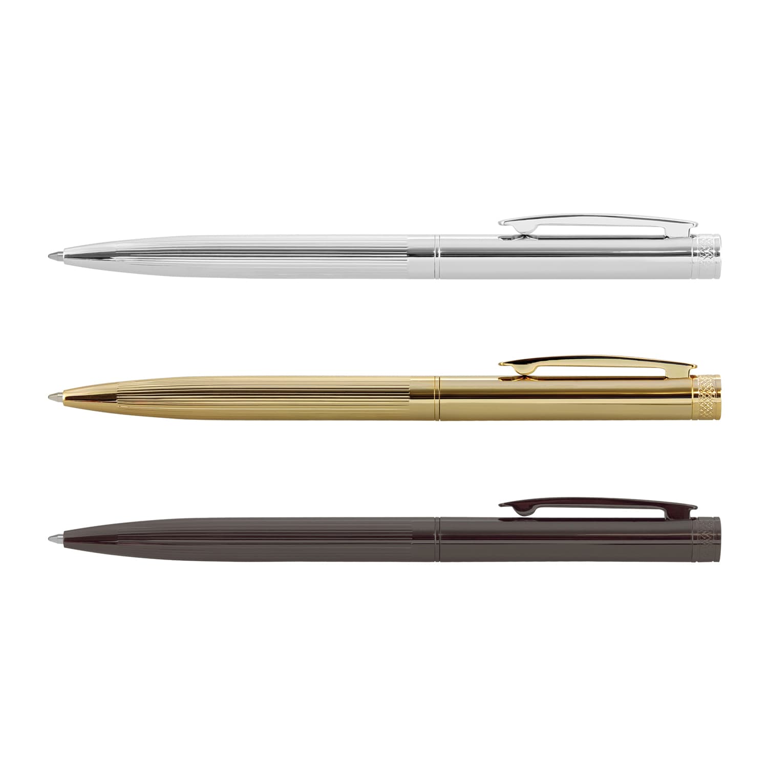 Three metal pens in silver, gold, and black, featuring sleek designs and clip attachments. The pens have a polished finish. Cambridge Pen - Image 1
