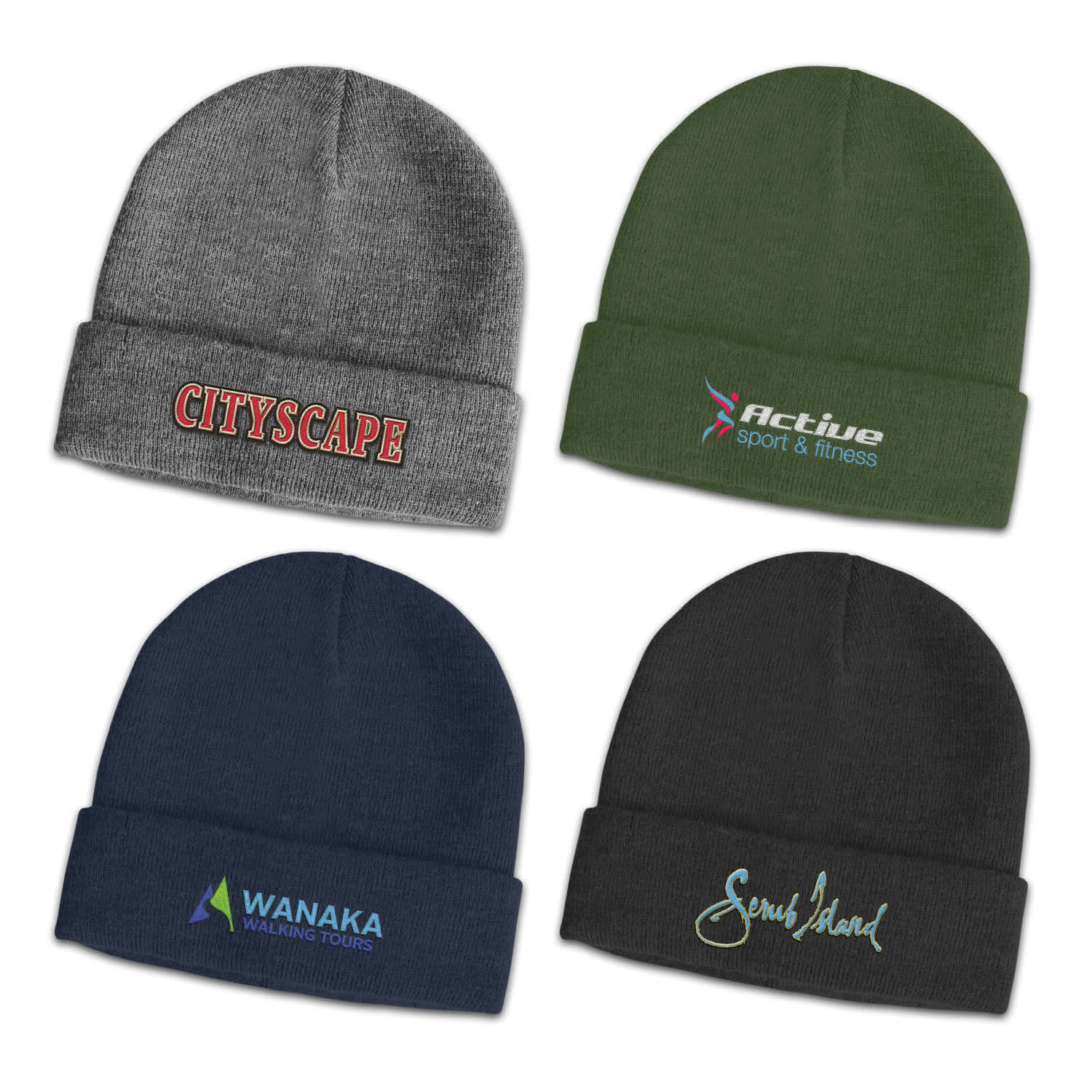 Four beanies in grey, green, navy, and black, each featuring different logos or branding. Cardrona Wool Blend Beanie - Image 1