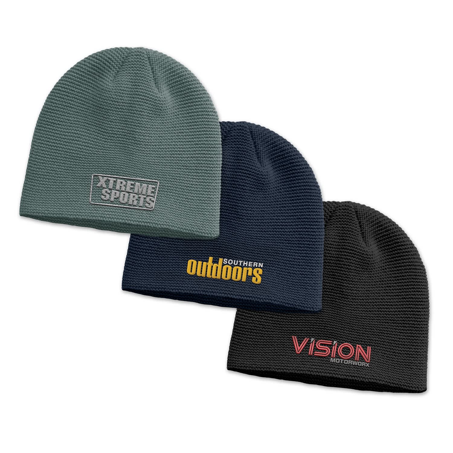 Three knit beanies displayed: a green one, a navy blue one, and a black one, each with a logo. Montana Garter Knit Beanie - Image 1