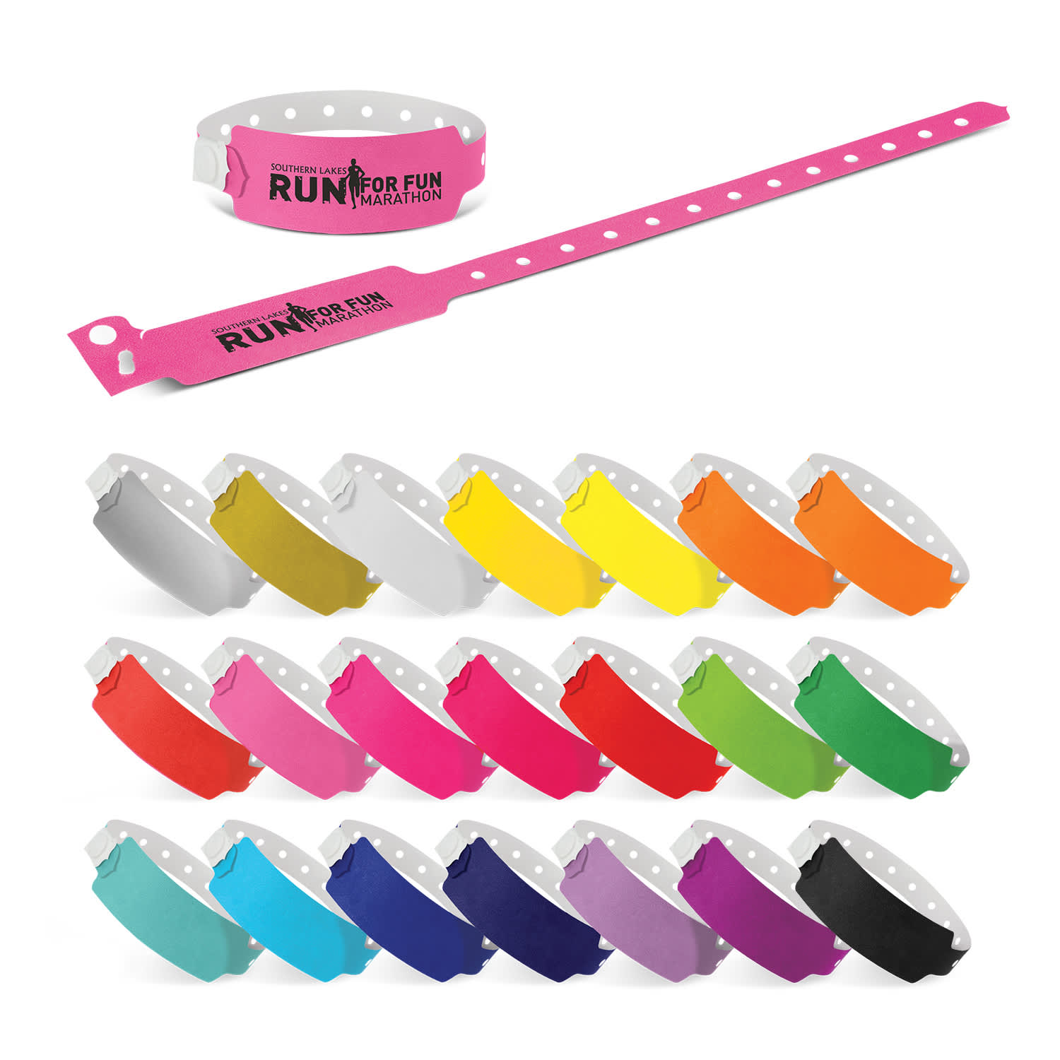 A collection of plastic event wristbands in various colours, including pink, yellow, green, and purple, featuring a logo. Plastic Event Wrist Band - Image 1