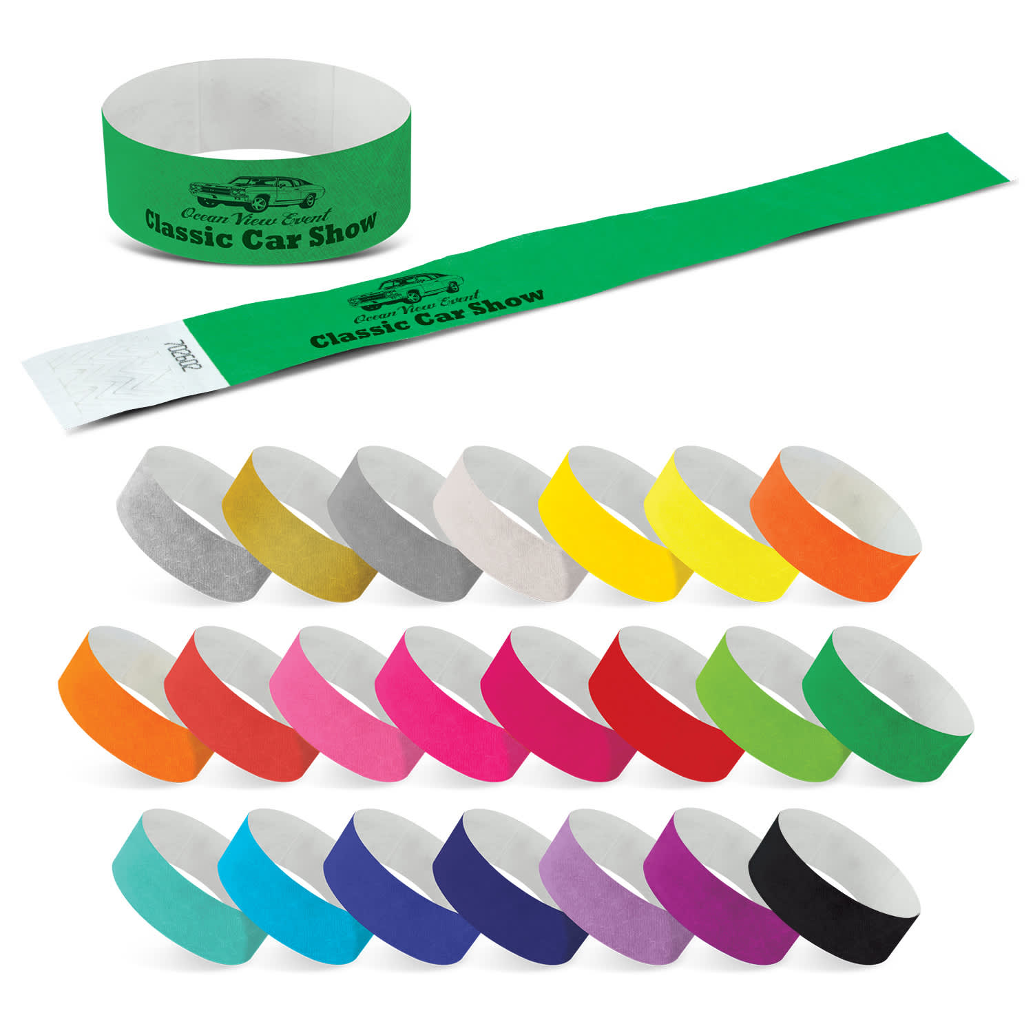 A variety of Tyvek event wristbands in multiple colours, including green, yellow, pink, and purple, with a logo. Tyvek Event Wrist Band - Image 1